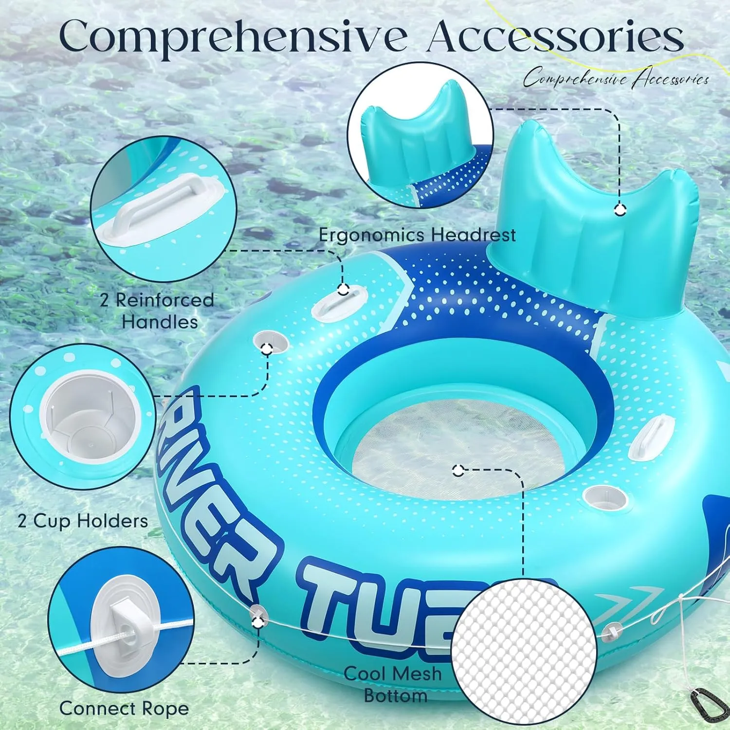 12 Pcs 53" Heavy Duty River Tube Float Inflatable Pool Floating Tube for Adult Large River Raft Water Chair Lounger with Mesh Bottom Backrest 2 Cup Holders and Handles,Holds 300lb