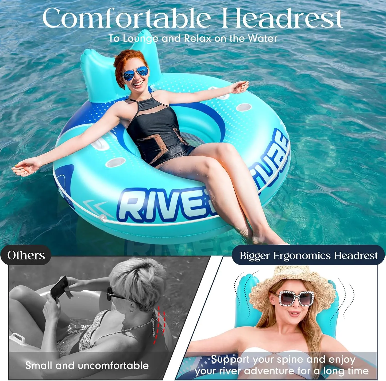 12 Pcs 53" Heavy Duty River Tube Float Inflatable Pool Floating Tube for Adult Large River Raft Water Chair Lounger with Mesh Bottom Backrest 2 Cup Holders and Handles,Holds 300lb