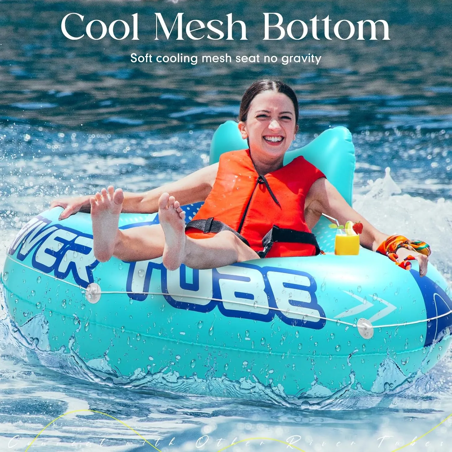 12 Pcs 53" Heavy Duty River Tube Float Inflatable Pool Floating Tube for Adult Large River Raft Water Chair Lounger with Mesh Bottom Backrest 2 Cup Holders and Handles,Holds 300lb