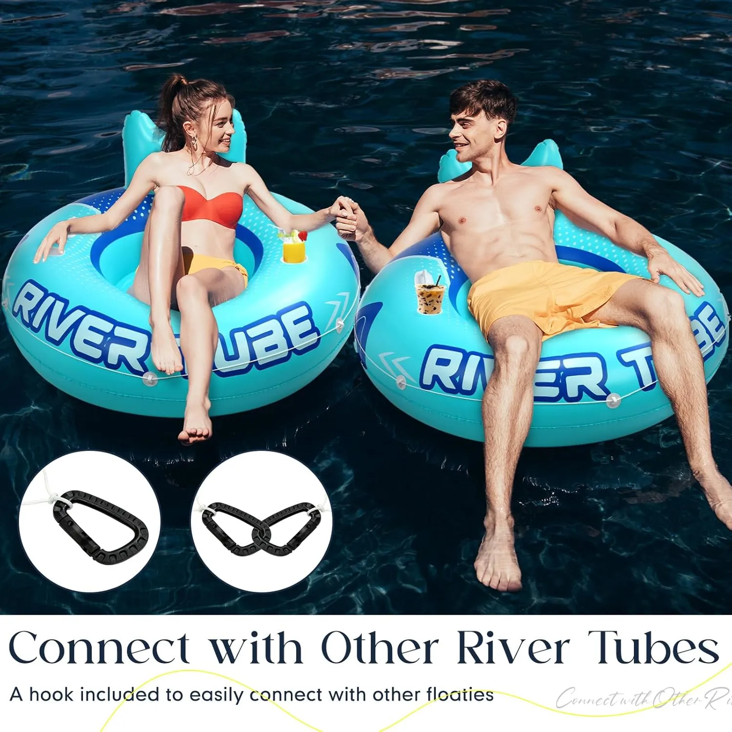 12 Pcs 53" Heavy Duty River Tube Float Inflatable Pool Floating Tube for Adult Large River Raft Water Chair Lounger with Mesh Bottom Backrest 2 Cup Holders and Handles,Holds 300lb