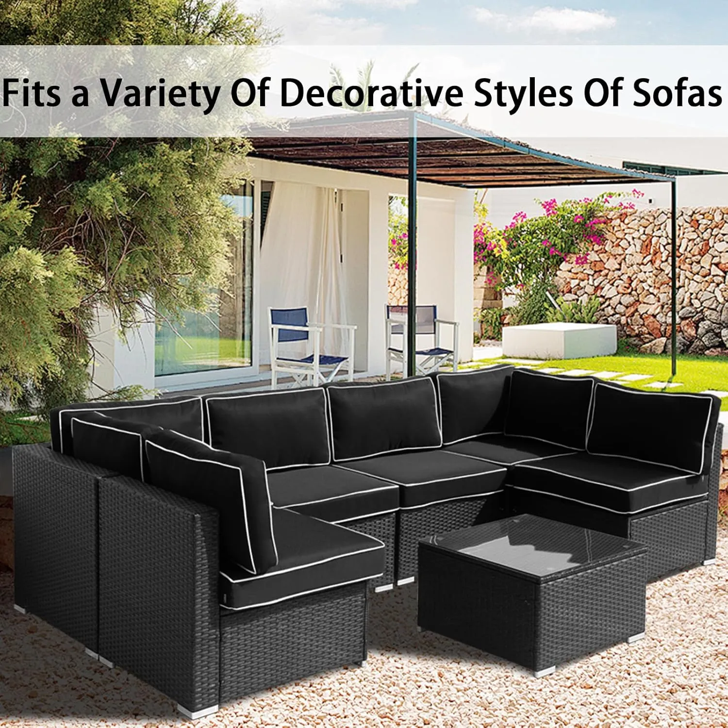 14Pieces Patio Cushion Covers Replacement,Outdoor Couch Cushions Covers Waterproof Furniture Cushion Covers Slipcovers Set with Zippers,Cover Only(Black White, 25.6×25.6×3.94inches)