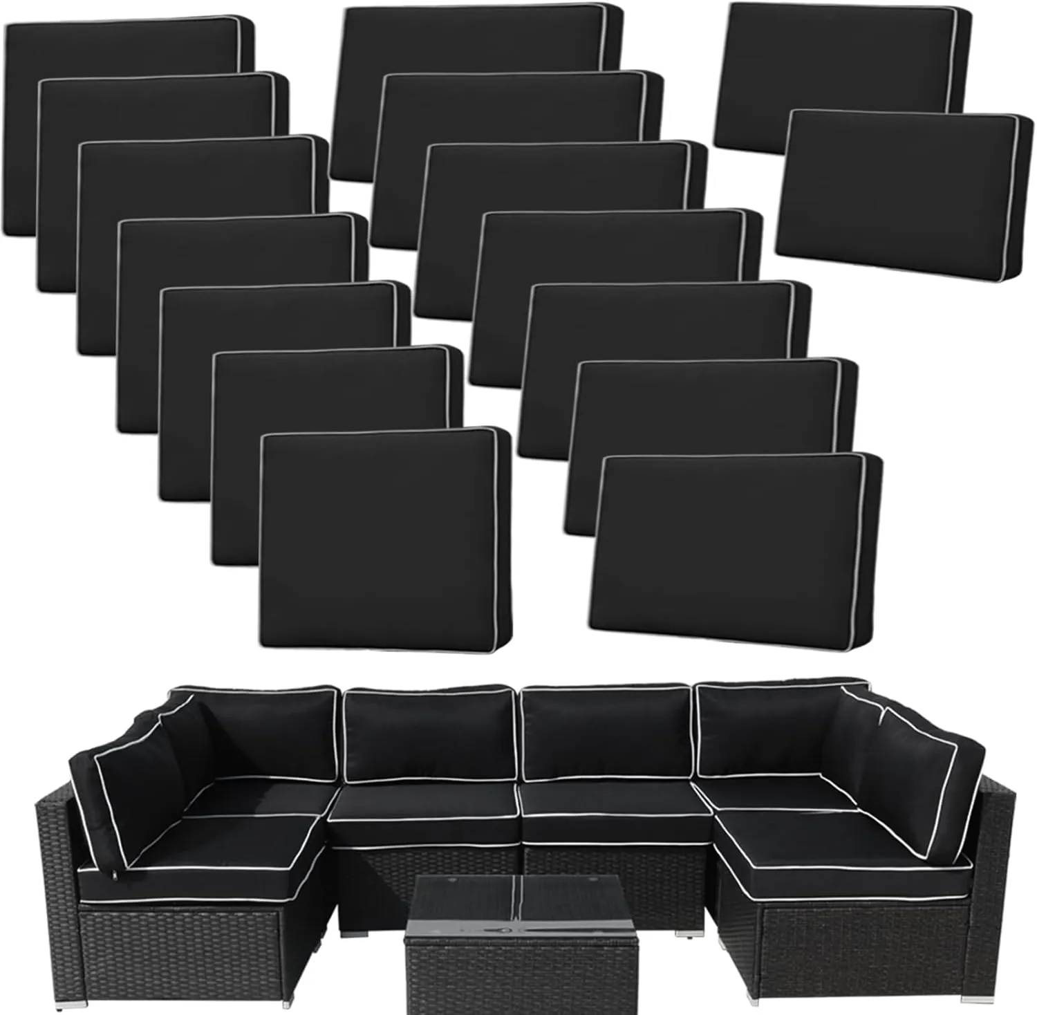 14Pieces Patio Cushion Covers Replacement,Outdoor Couch Cushions Covers Waterproof Furniture Cushion Covers Slipcovers Set with Zippers,Cover Only(Black White, 25.6×25.6×3.94inches)