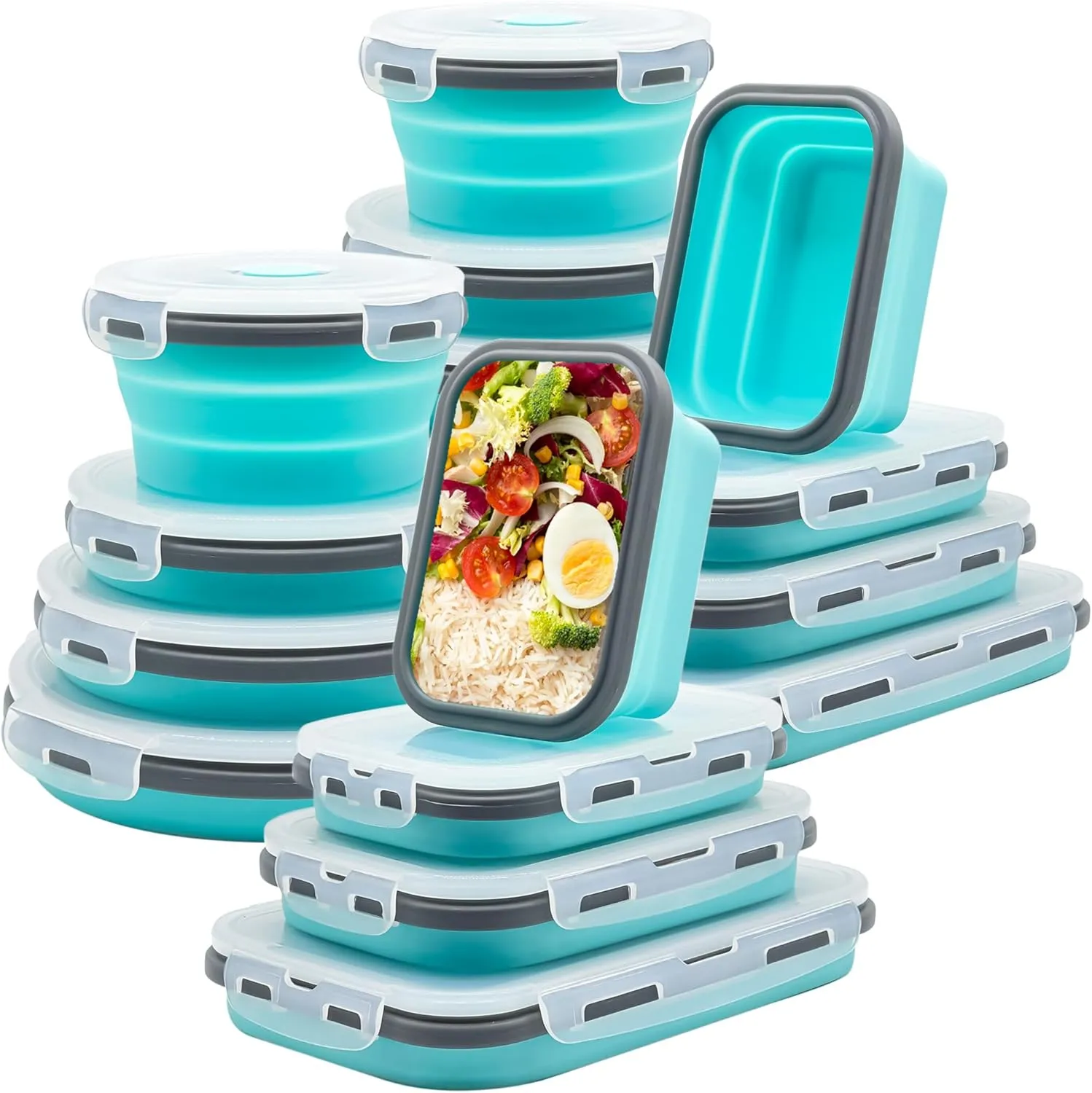 16 Pack Collapsible Silicone Food Storage Containers with Lids, Freezer & Dishwasher Safe, Foldable Lunch Box for Camper, Leftovers, Snacks, Meals, Blue
