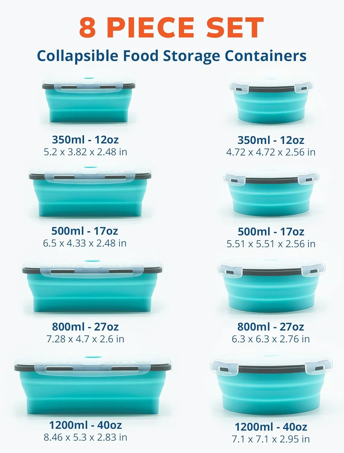 16 Pack Collapsible Silicone Food Storage Containers with Lids, Freezer & Dishwasher Safe, Foldable Lunch Box for Camper, Leftovers, Snacks, Meals, Blue