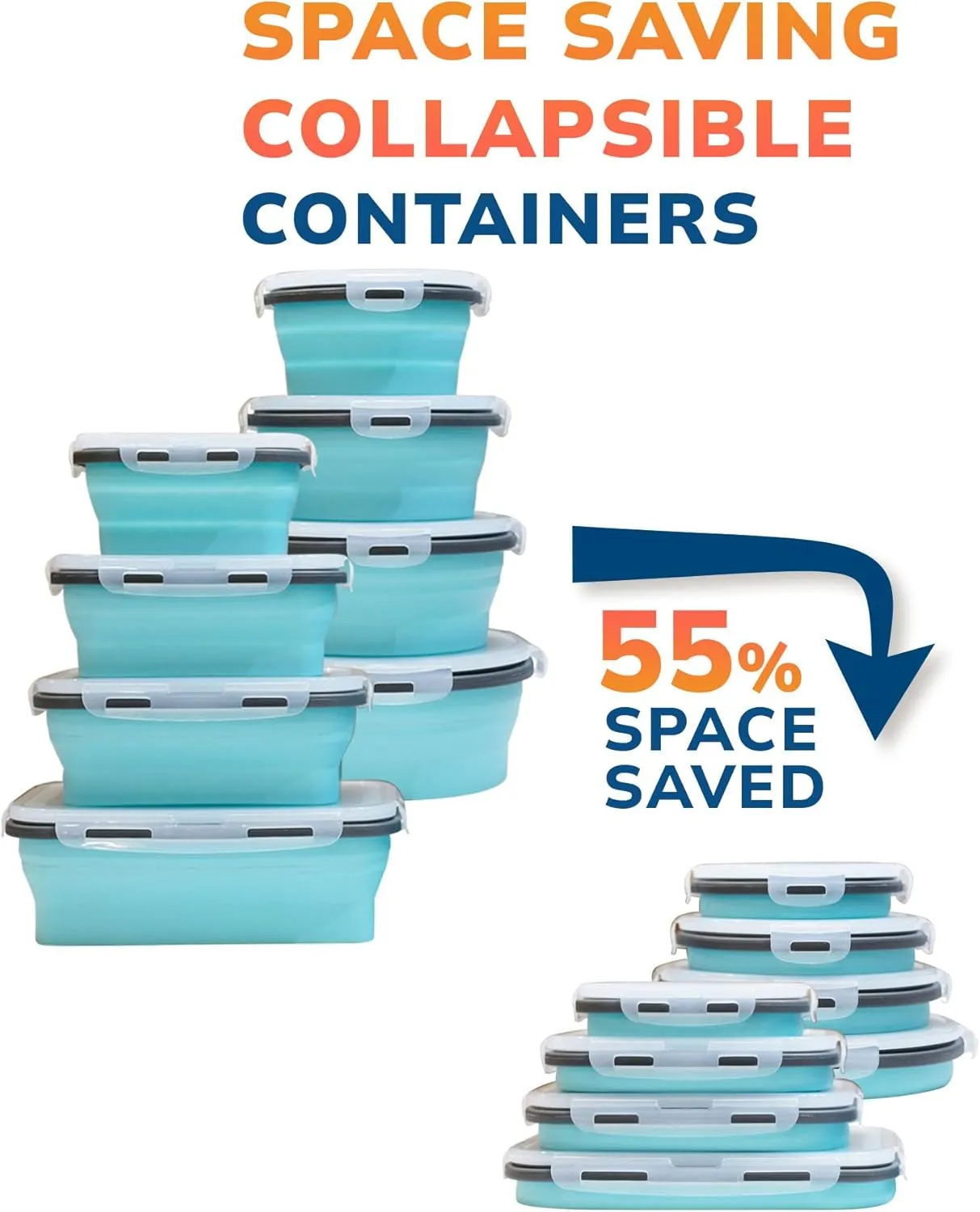 16 Pack Collapsible Silicone Food Storage Containers with Lids, Freezer & Dishwasher Safe, Foldable Lunch Box for Camper, Leftovers, Snacks, Meals, Blue