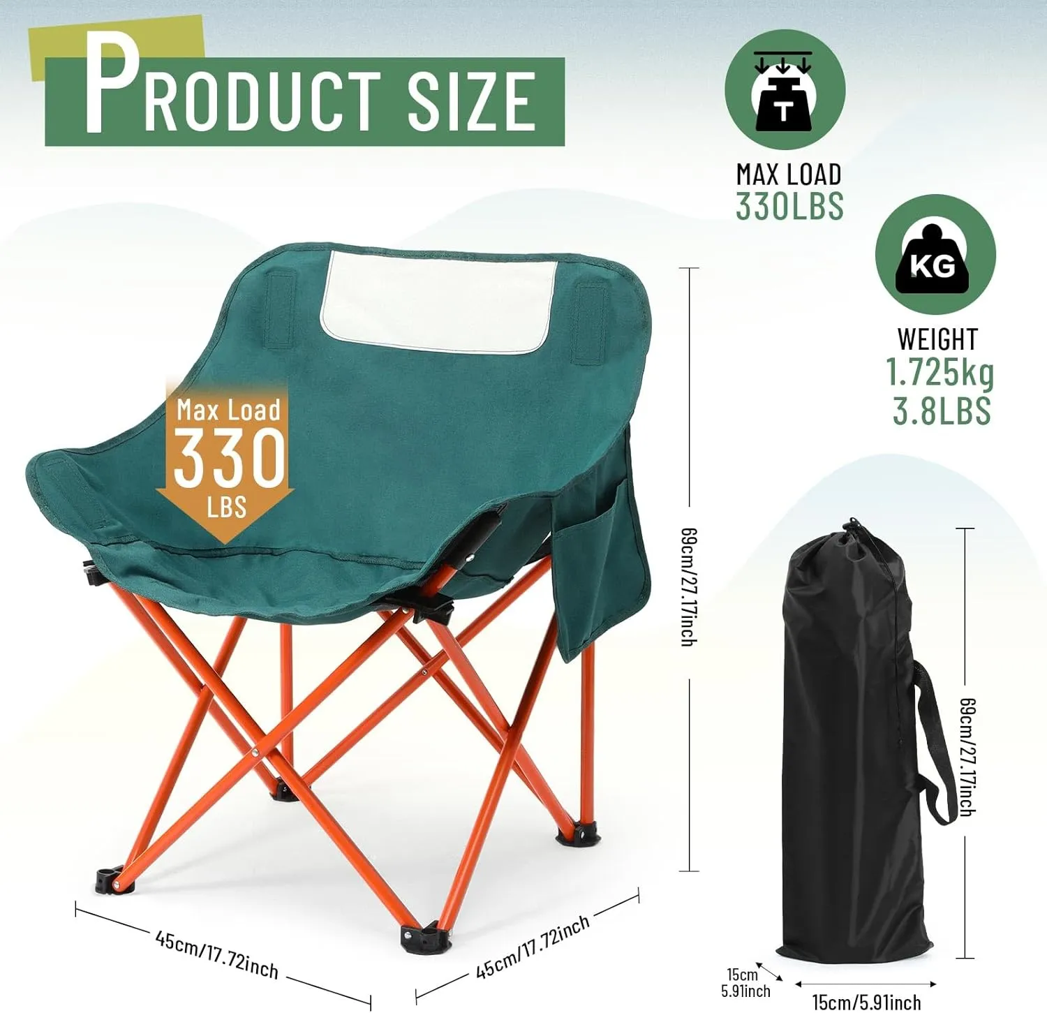 2 Pack Compact Camping Chairs Portable Folding for Outside with Carry Bag Lightweight Moon Chairs for Travel Picnic Hiking Beach Fishing, 600D Oxford, Supports 330lbs(Green, Black)
