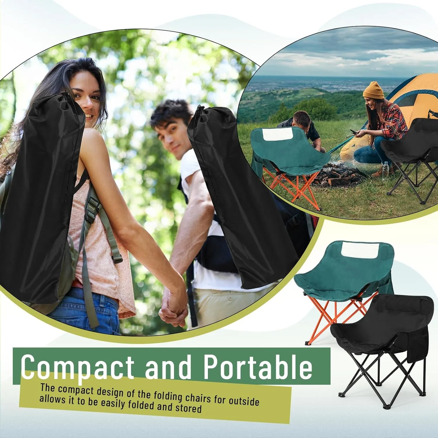 2 Pack Compact Camping Chairs Portable Folding for Outside with Carry Bag Lightweight Moon Chairs for Travel Picnic Hiking Beach Fishing, 600D Oxford, Supports 330lbs(Green, Black)