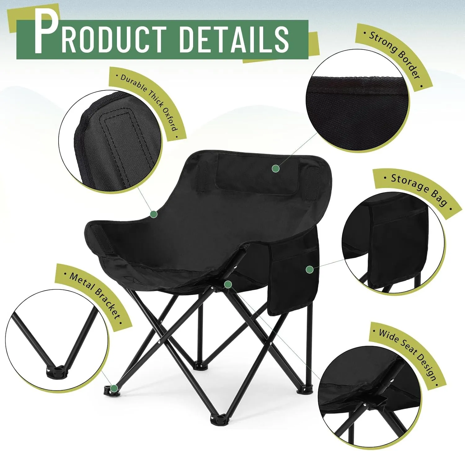 2 Pack Compact Camping Chairs Portable Folding for Outside with Carry Bag Lightweight Moon Chairs for Travel Picnic Hiking Beach Fishing, 600D Oxford, Supports 330lbs(Green, Black)