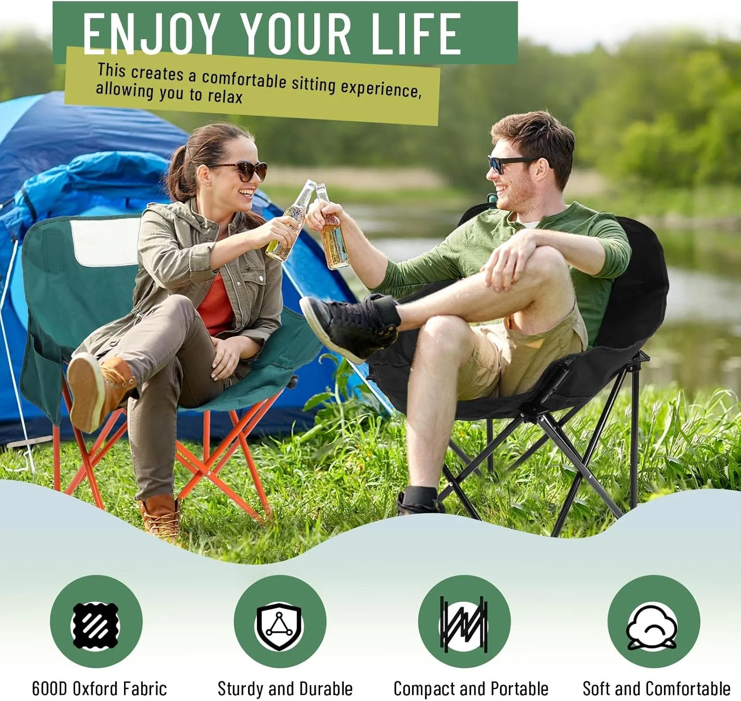 2 Pack Compact Camping Chairs Portable Folding for Outside with Carry Bag Lightweight Moon Chairs for Travel Picnic Hiking Beach Fishing, 600D Oxford, Supports 330lbs(Green, Black)
