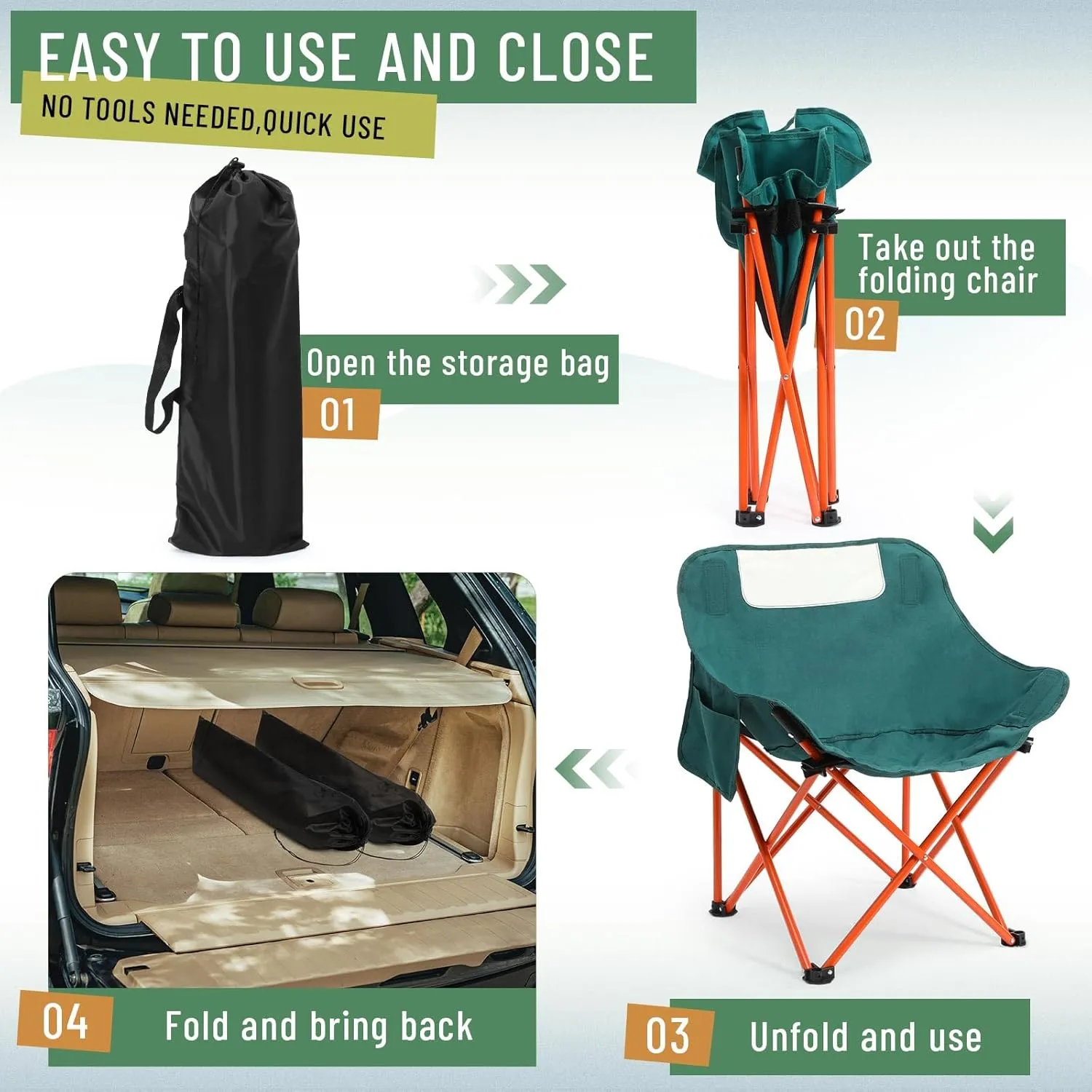 2 Pack Compact Camping Chairs Portable Folding for Outside with Carry Bag Lightweight Moon Chairs for Travel Picnic Hiking Beach Fishing, 600D Oxford, Supports 330lbs(Green, Black)