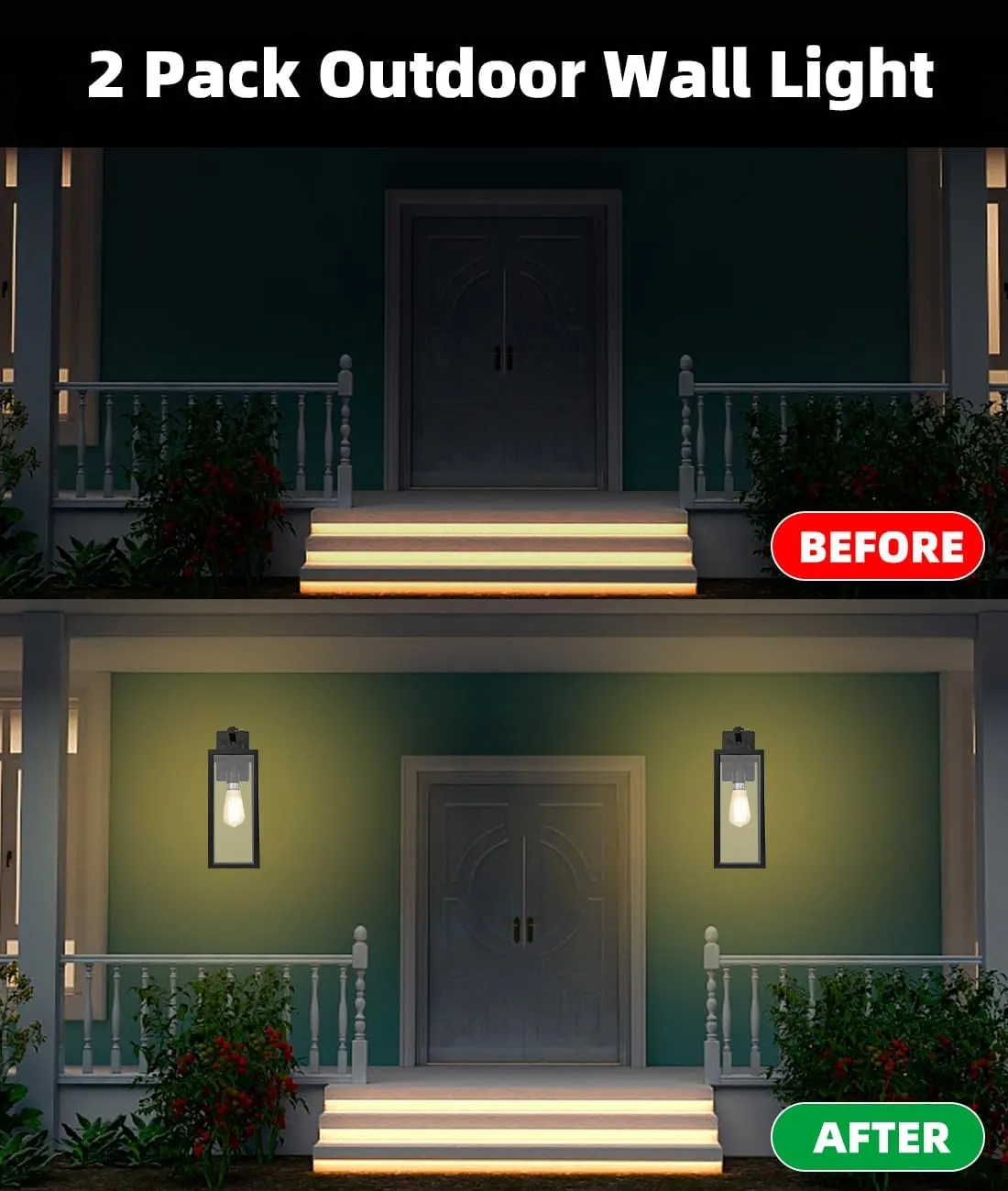 2 Pack Large Outdoor Wall Sconce, 18 Inch Black Wall Lantern Large Size Porch Light for House Outside Wall Light Fixture for Garage, Patio Light with with Glass Shade, E26 Socket