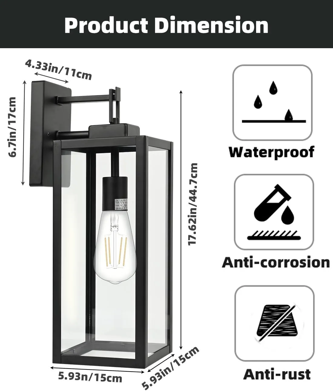 2 Pack Large Outdoor Wall Sconce, 18 Inch Black Wall Lantern Large Size Porch Light for House Outside Wall Light Fixture for Garage, Patio Light with with Glass Shade, E26 Socket