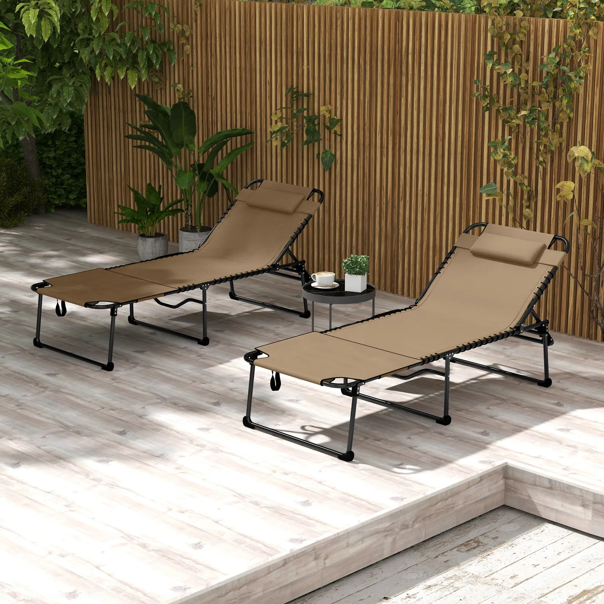 2-Piece Folding Chaise Lounge with 5-Level Reclining Back, Reading Hole & Side Pocket, Beige