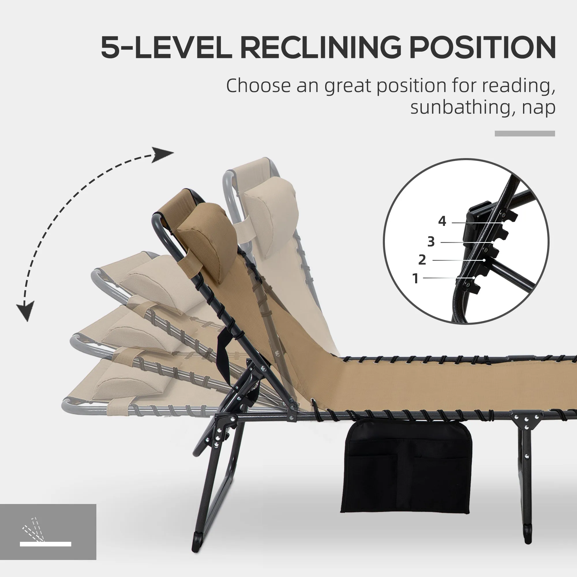 2-Piece Folding Chaise Lounge with 5-Level Reclining Back, Reading Hole & Side Pocket, Beige