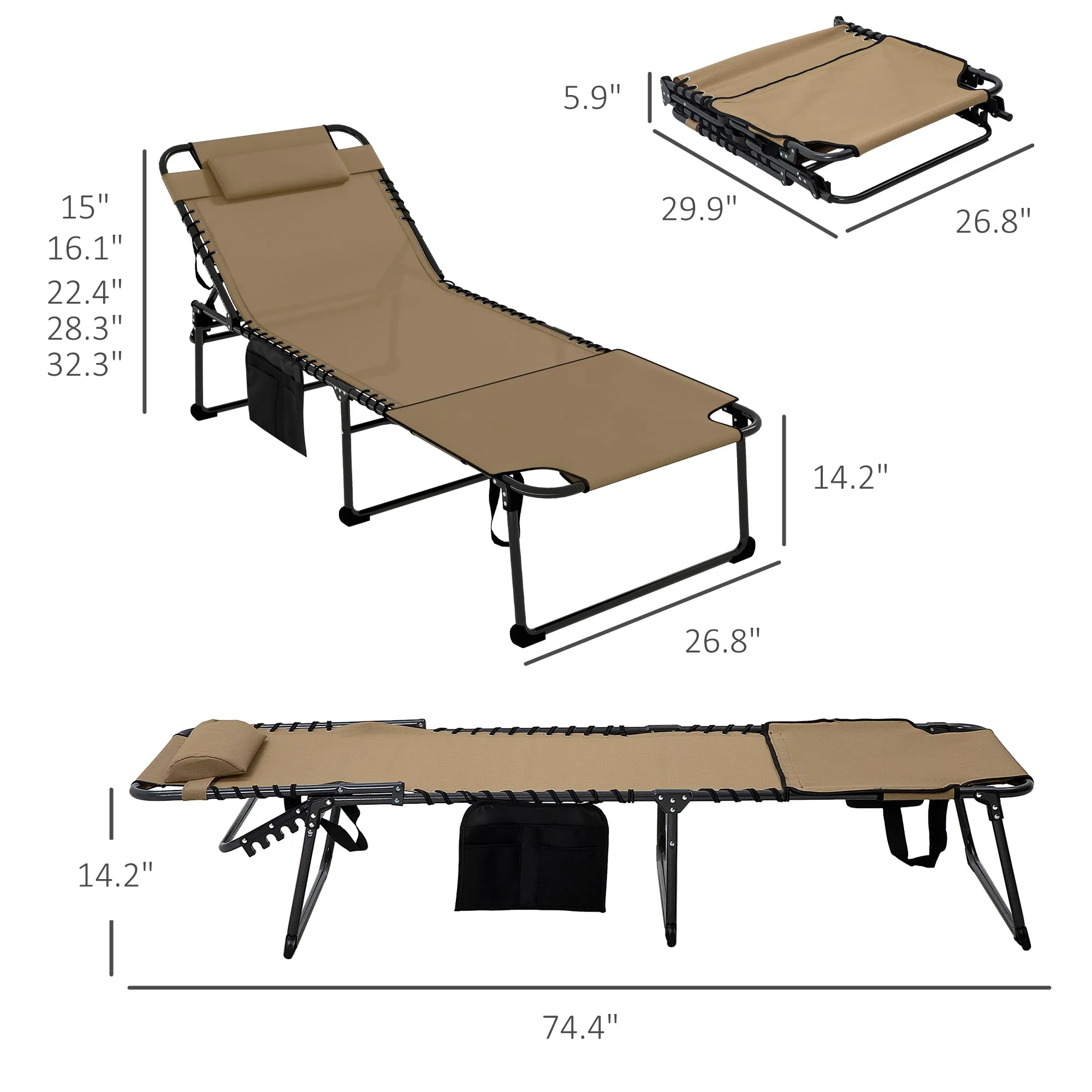 2-Piece Folding Chaise Lounge with 5-Level Reclining Back, Reading Hole & Side Pocket, Beige