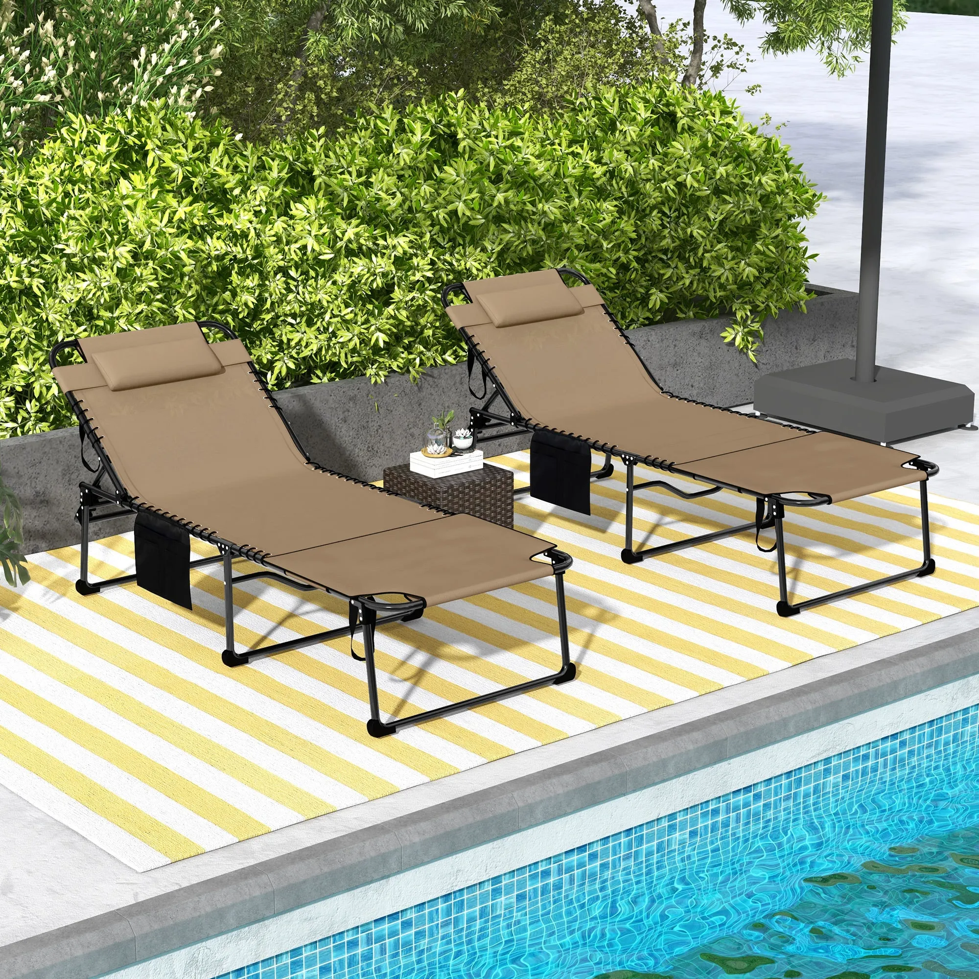 2-Piece Folding Chaise Lounge with 5-Level Reclining Back, Reading Hole & Side Pocket, Beige