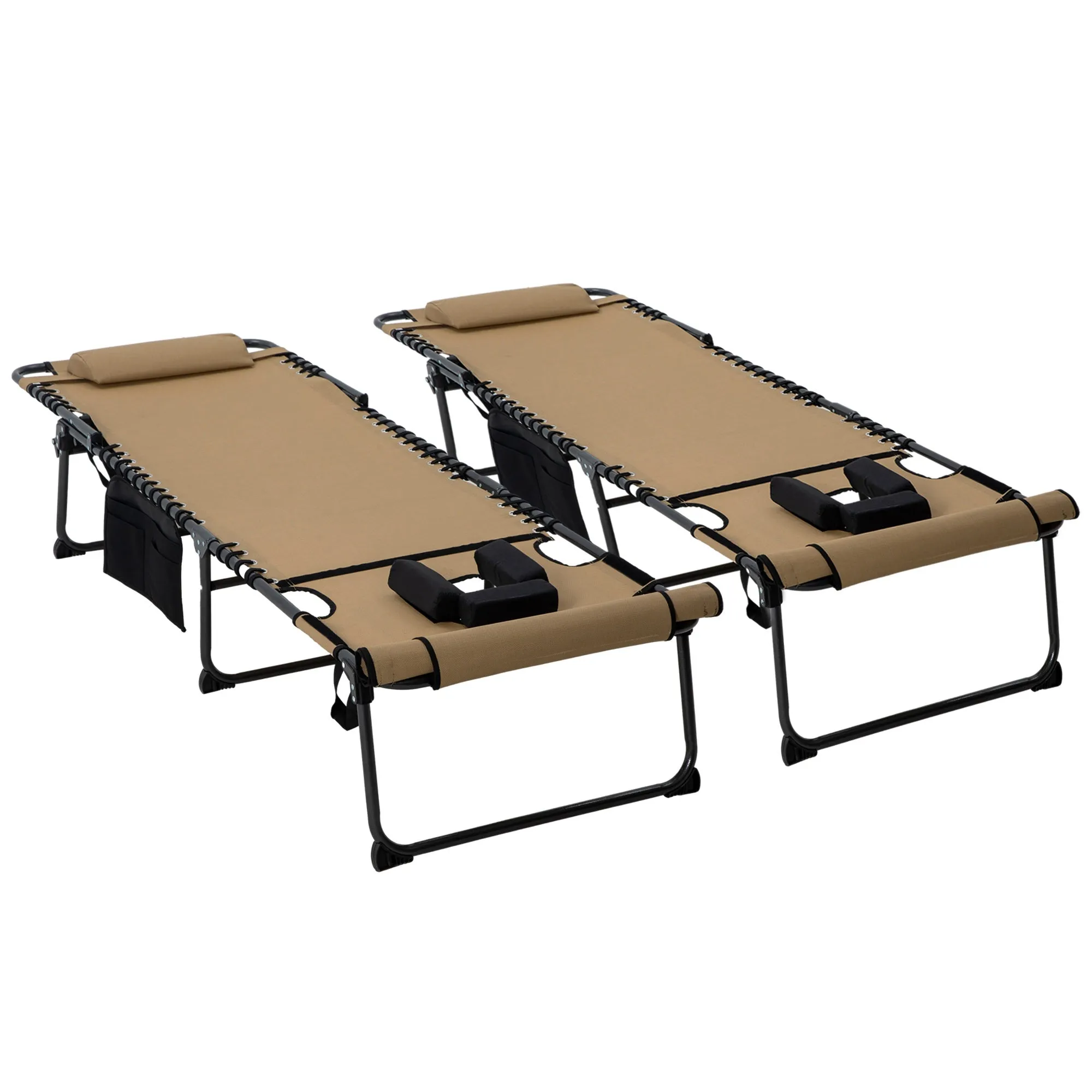2-Piece Folding Chaise Lounge with 5-Level Reclining Back, Reading Hole & Side Pocket, Beige