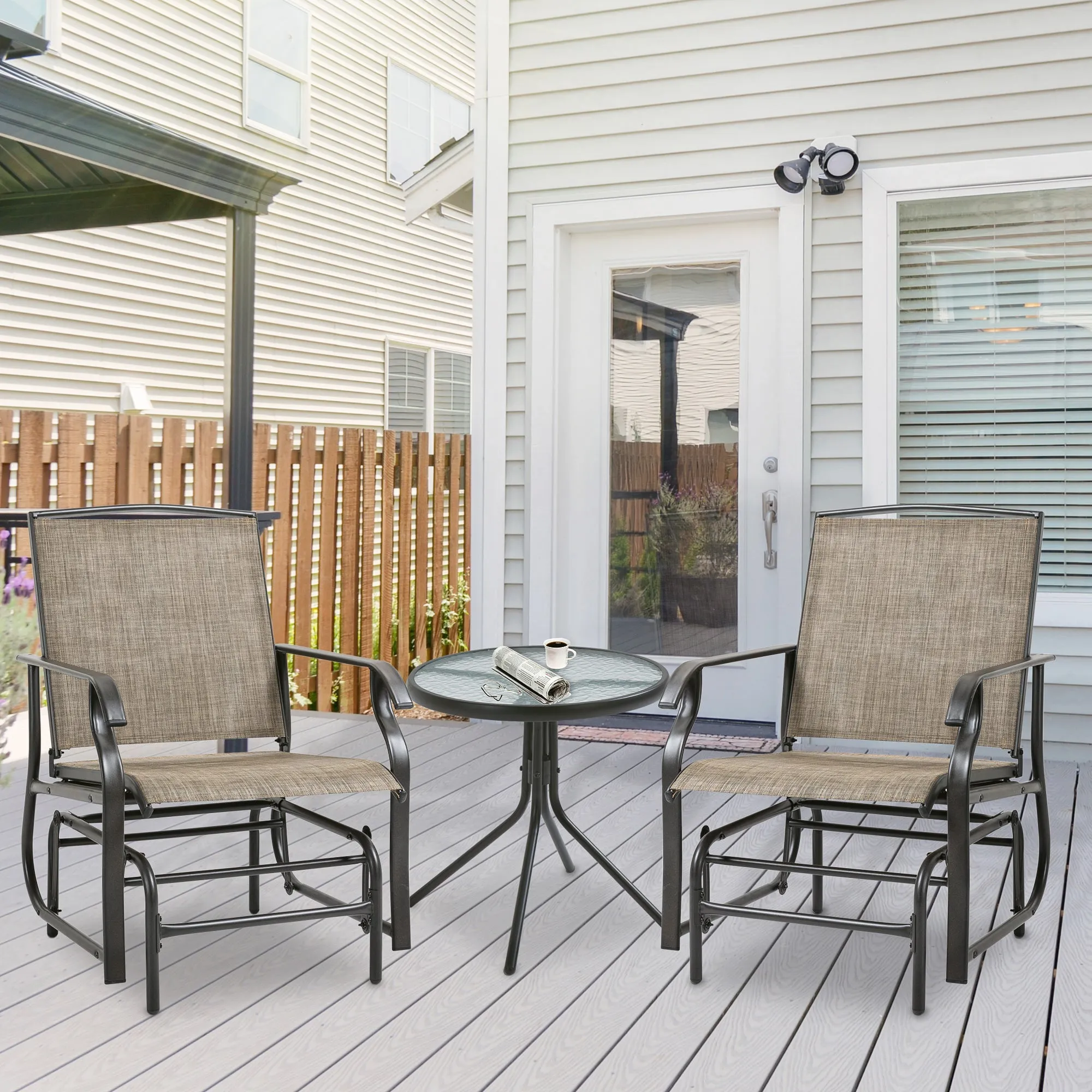 2 Pieces Outdoor Patio Glider Chairs, 2 Person Glider Rocking Chair Set with Breathable Mesh Fabric and Steel Frame for Porch, Garden, Outdoor Furniture Set, Dark Brown