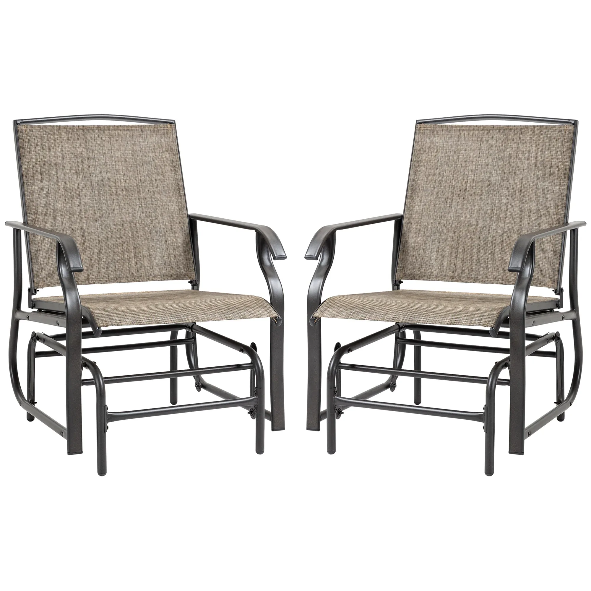 2 Pieces Outdoor Patio Glider Chairs, 2 Person Glider Rocking Chair Set with Breathable Mesh Fabric and Steel Frame for Porch, Garden, Outdoor Furniture Set, Dark Brown