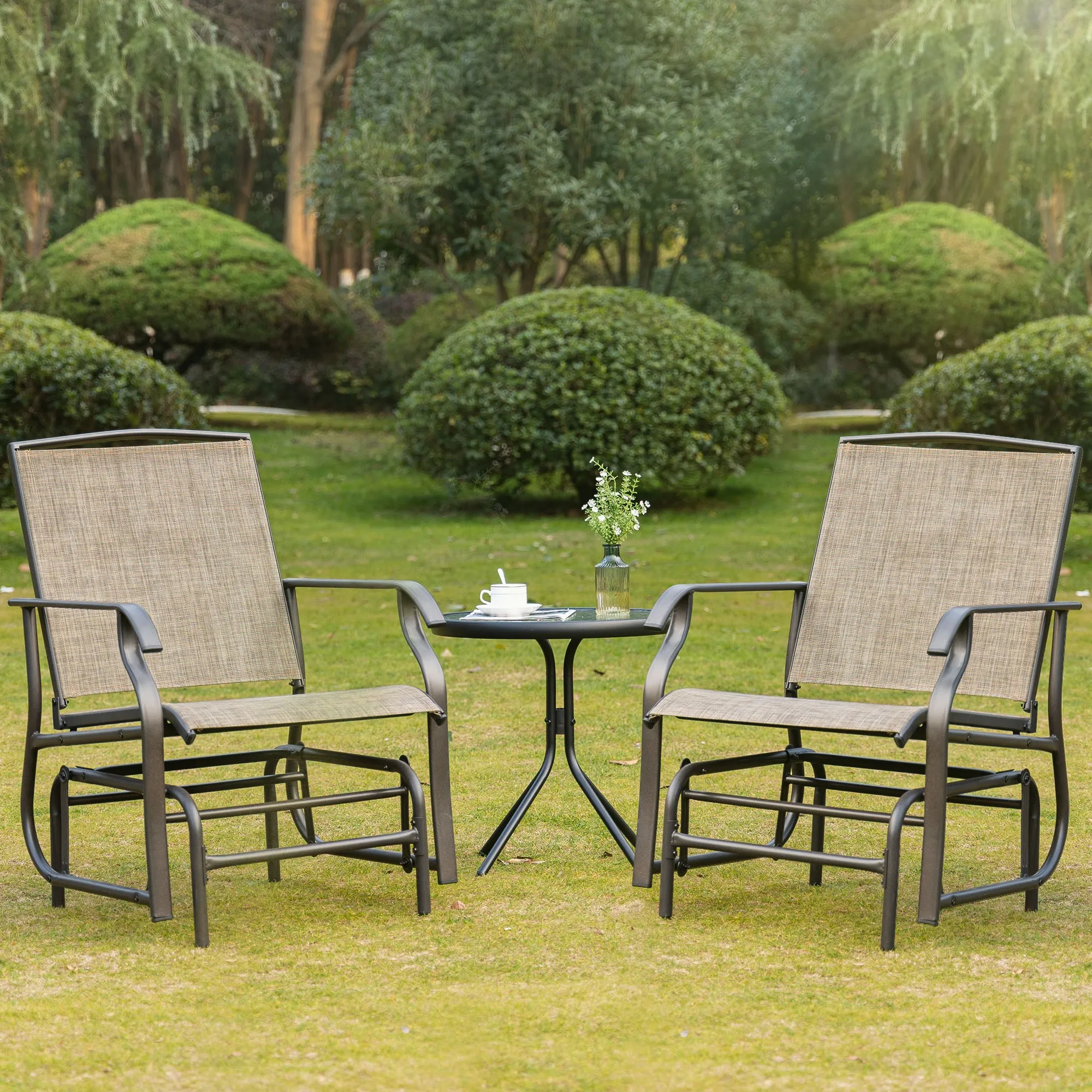 2 Pieces Outdoor Patio Glider Chairs, 2 Person Glider Rocking Chair Set with Breathable Mesh Fabric and Steel Frame for Porch, Garden, Outdoor Furniture Set, Dark Brown