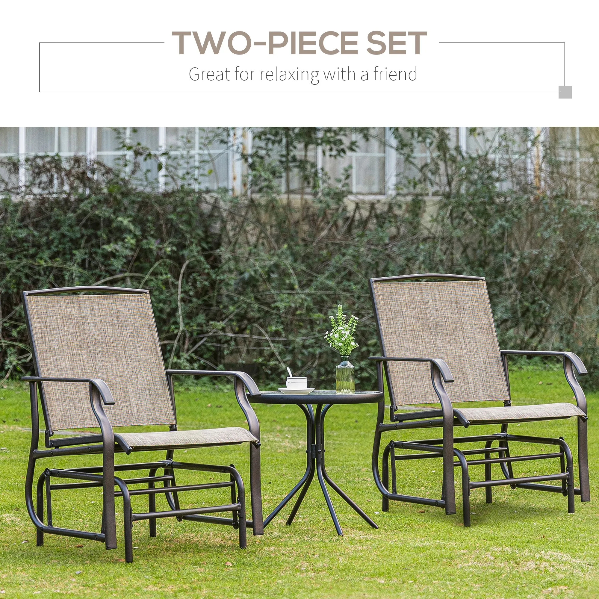 2 Pieces Outdoor Patio Glider Chairs, 2 Person Glider Rocking Chair Set with Breathable Mesh Fabric and Steel Frame for Porch, Garden, Outdoor Furniture Set, Dark Brown