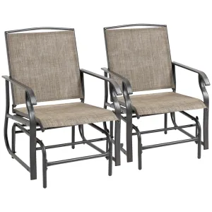 2 Pieces Outdoor Patio Glider Chairs, 2 Person Glider Rocking Chair Set with Breathable Mesh Fabric and Steel Frame for Porch, Garden, Outdoor Furniture Set, Dark Brown