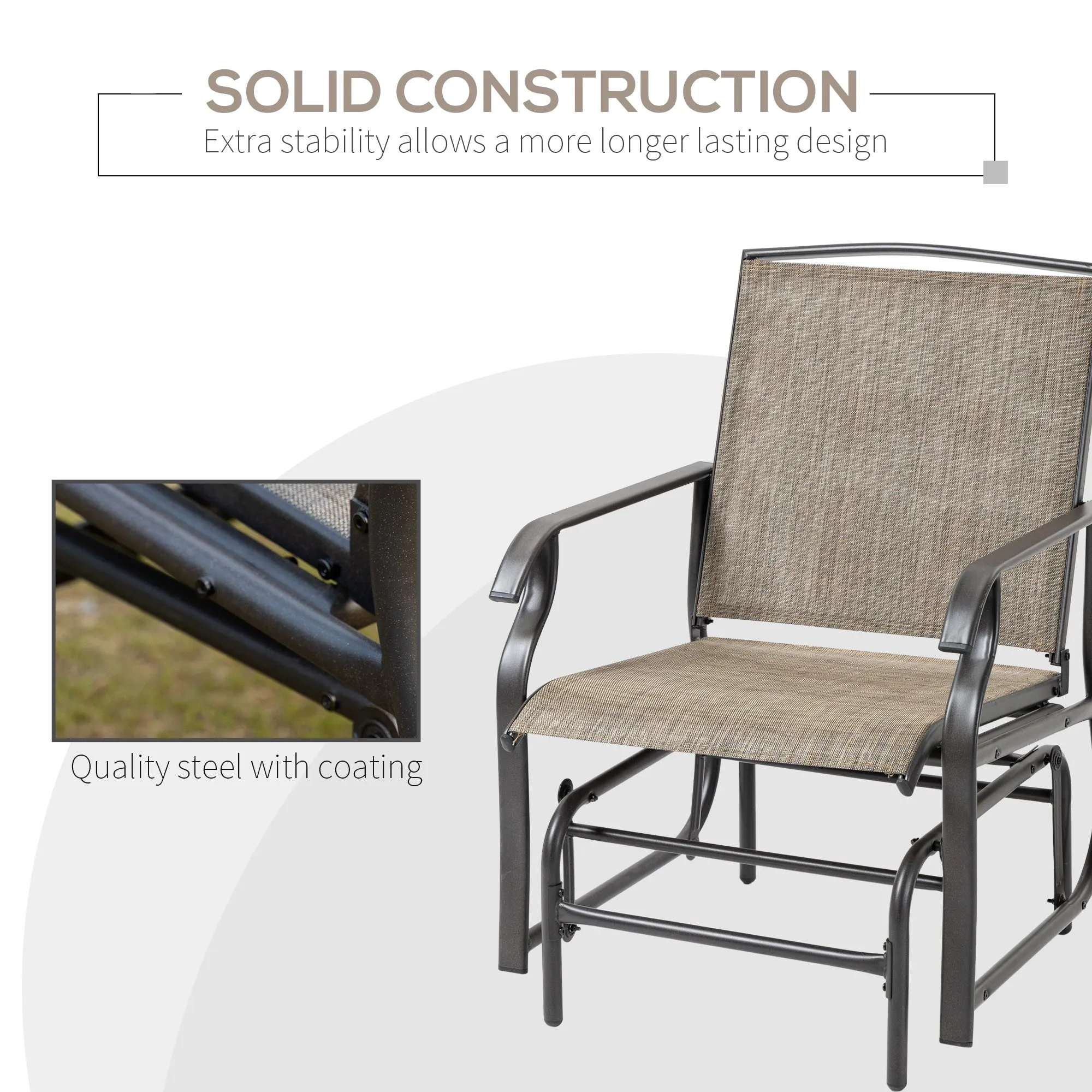 2 Pieces Outdoor Patio Glider Chairs, 2 Person Glider Rocking Chair Set with Breathable Mesh Fabric and Steel Frame for Porch, Garden, Outdoor Furniture Set, Dark Brown