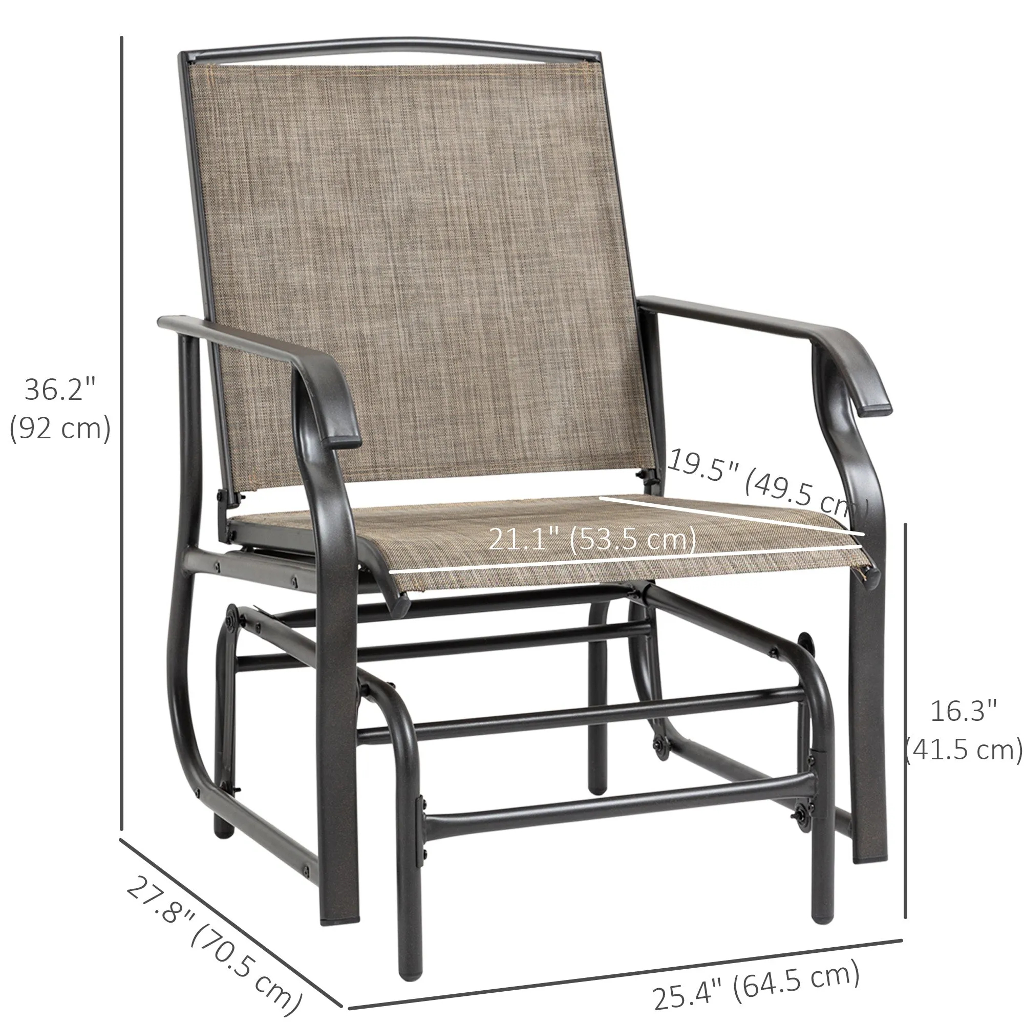 2 Pieces Outdoor Patio Glider Chairs, 2 Person Glider Rocking Chair Set with Breathable Mesh Fabric and Steel Frame for Porch, Garden, Outdoor Furniture Set, Dark Brown