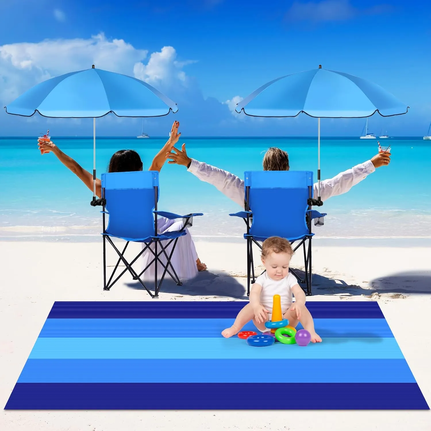 2 Sets Beach Chair with Umbrella and Beach Blanket (79 x 83 inch), Folding Camping Chair for Adult Adjustable Shade Umbrella with Carry Bag for Lawn Beach Camping Travel Outdoor Pool