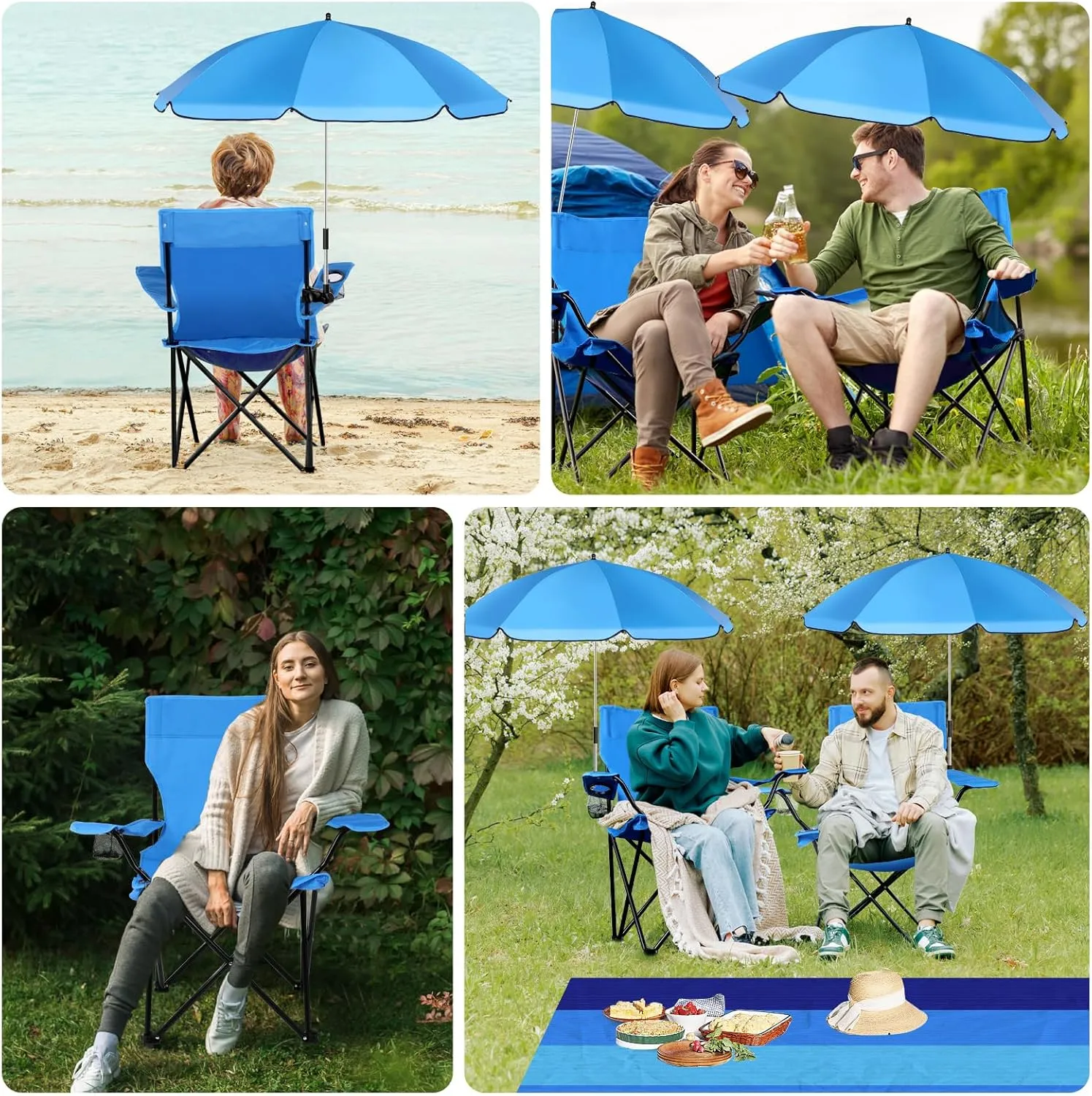 2 Sets Beach Chair with Umbrella and Beach Blanket (79 x 83 inch), Folding Camping Chair for Adult Adjustable Shade Umbrella with Carry Bag for Lawn Beach Camping Travel Outdoor Pool