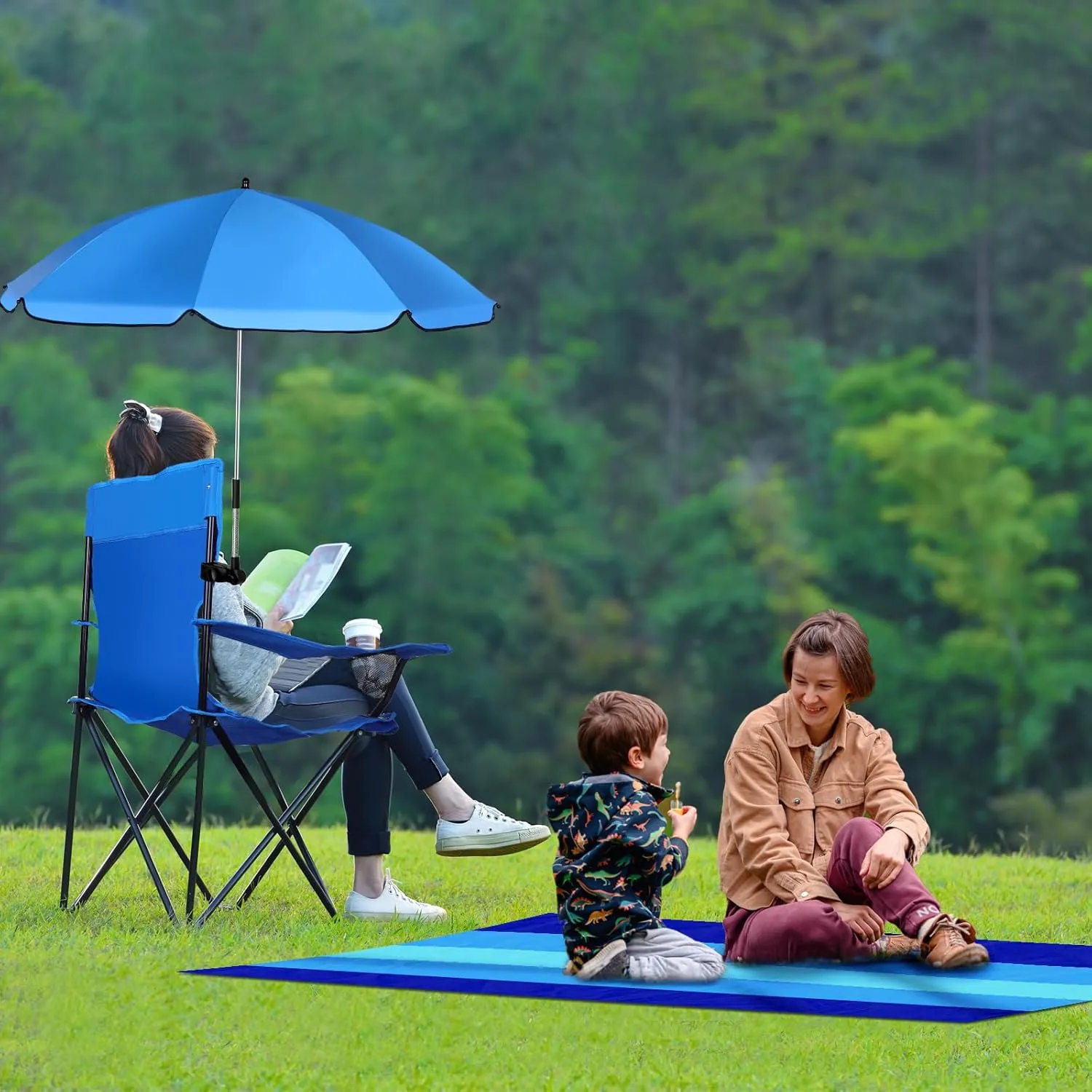 2 Sets Beach Chair with Umbrella and Beach Blanket (79 x 83 inch), Folding Camping Chair for Adult Adjustable Shade Umbrella with Carry Bag for Lawn Beach Camping Travel Outdoor Pool