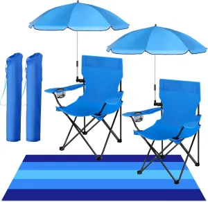 2 Sets Beach Chair with Umbrella and Beach Blanket (79 x 83 inch), Folding Camping Chair for Adult Adjustable Shade Umbrella with Carry Bag for Lawn Beach Camping Travel Outdoor Pool
