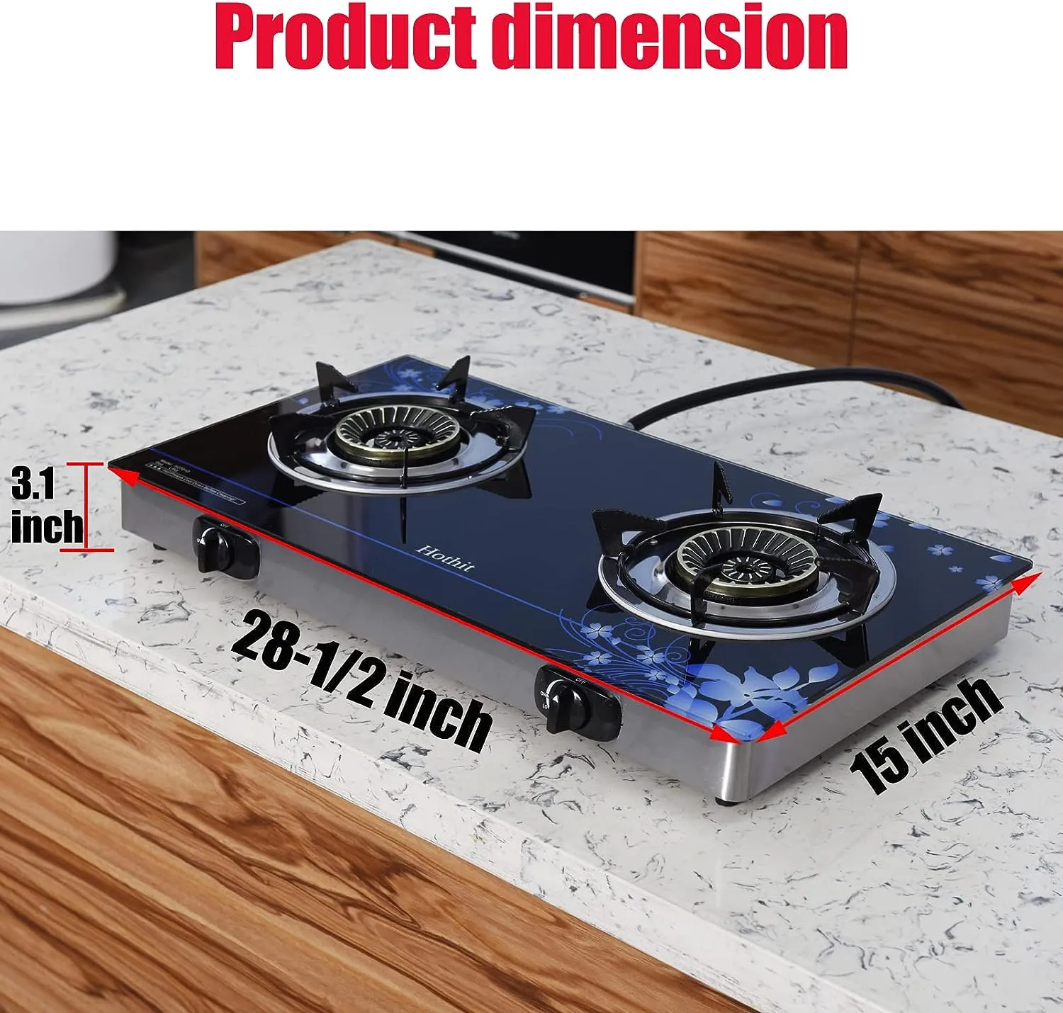 28.5 in. 2 Burners Portable Gas Cooktop in Stainless Steel with Tempered Glass Panel