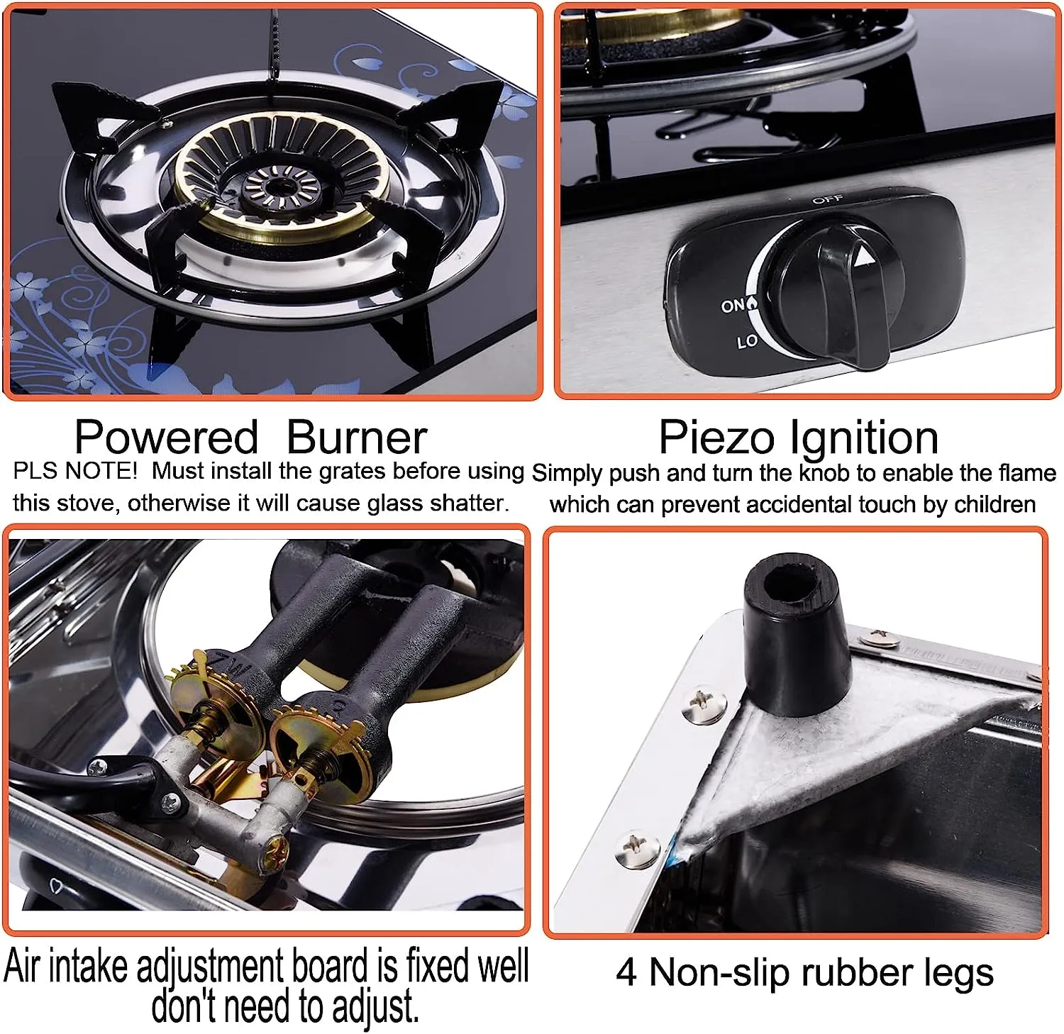 28.5 in. 2 Burners Portable Gas Cooktop in Stainless Steel with Tempered Glass Panel