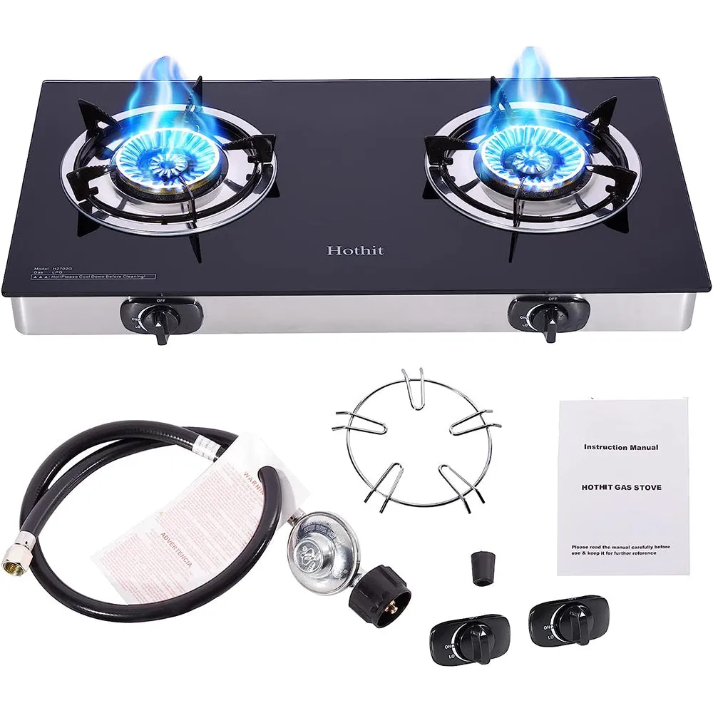 28.5 in. 2 Burners Portable Gas Cooktop in Stainless Steel with Tempered Glass Panel