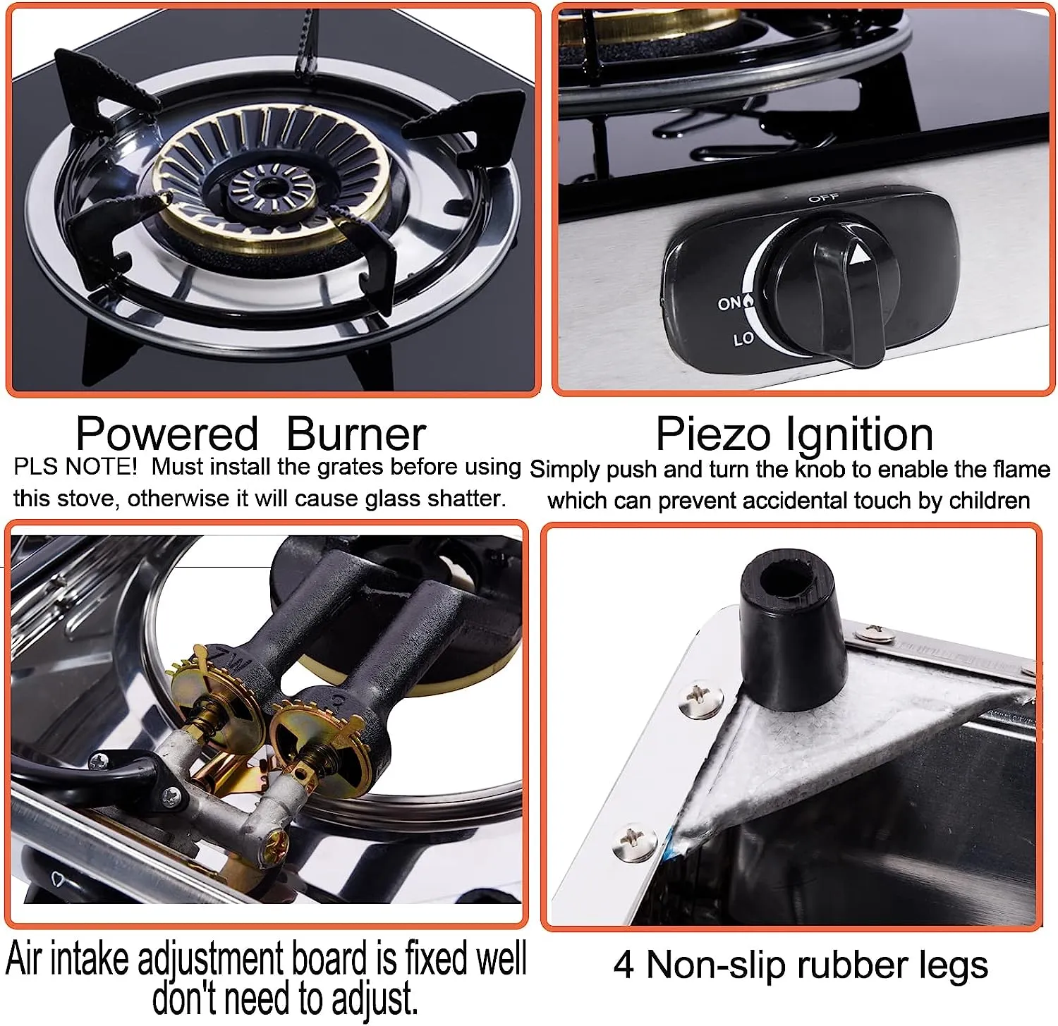 28.5 in. 2 Burners Portable Gas Cooktop in Stainless Steel with Tempered Glass Panel