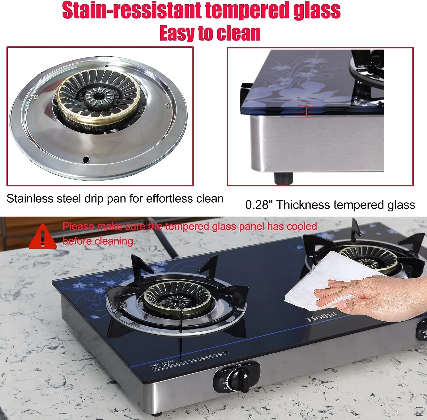 28.5 in. 2 Burners Portable Gas Cooktop in Stainless Steel with Tempered Glass Panel