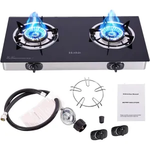 28.5 in. 2 Burners Portable Gas Cooktop in Stainless Steel with Tempered Glass Panel
