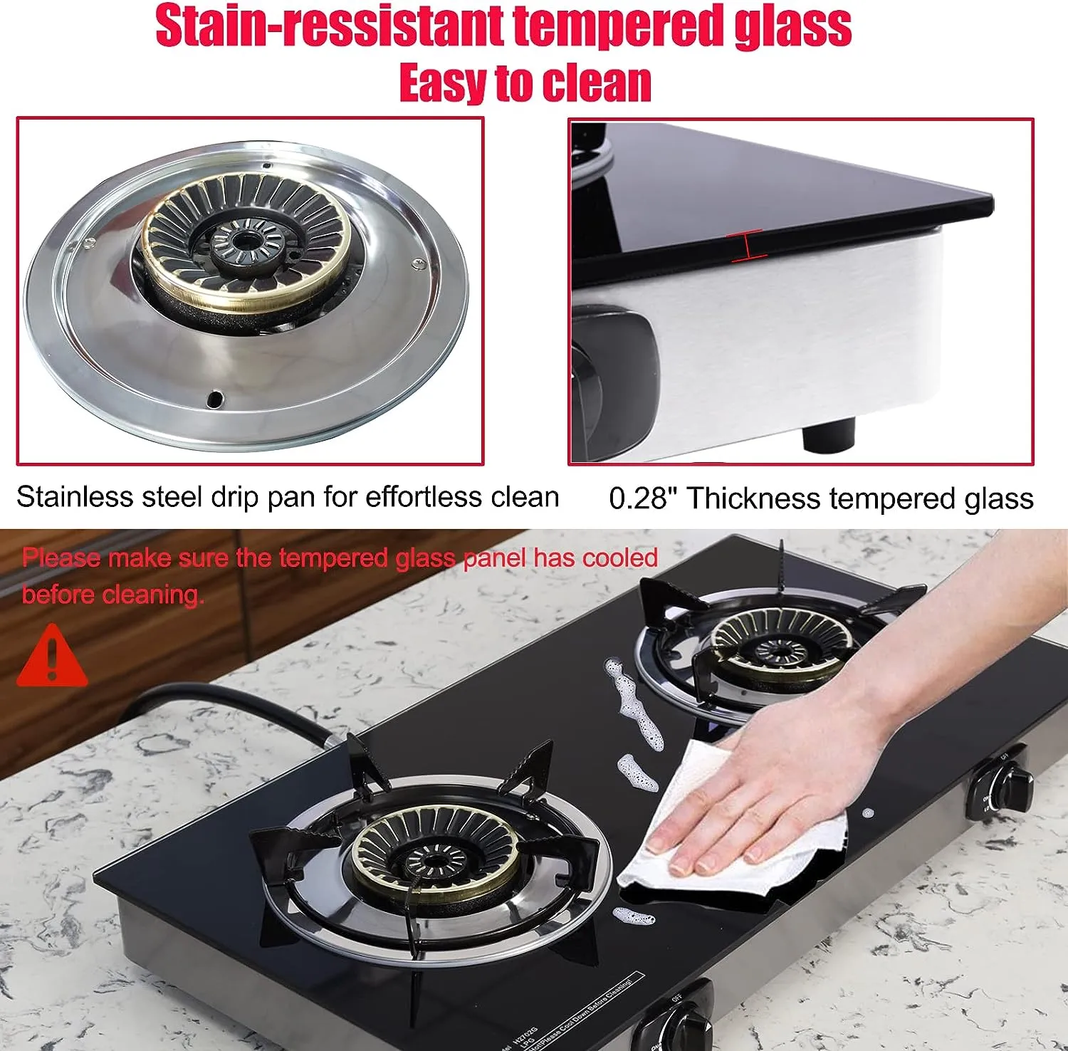 28.5 in. 2 Burners Portable Gas Cooktop in Stainless Steel with Tempered Glass Panel