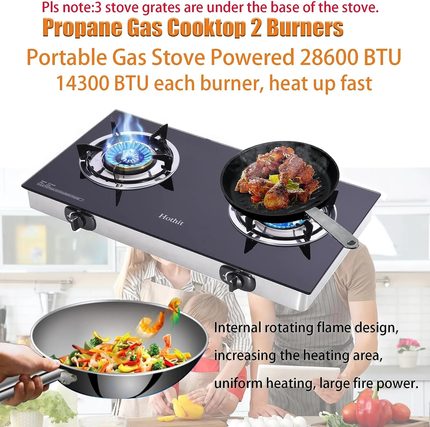 28.5 in. 2 Burners Portable Gas Cooktop in Stainless Steel with Tempered Glass Panel