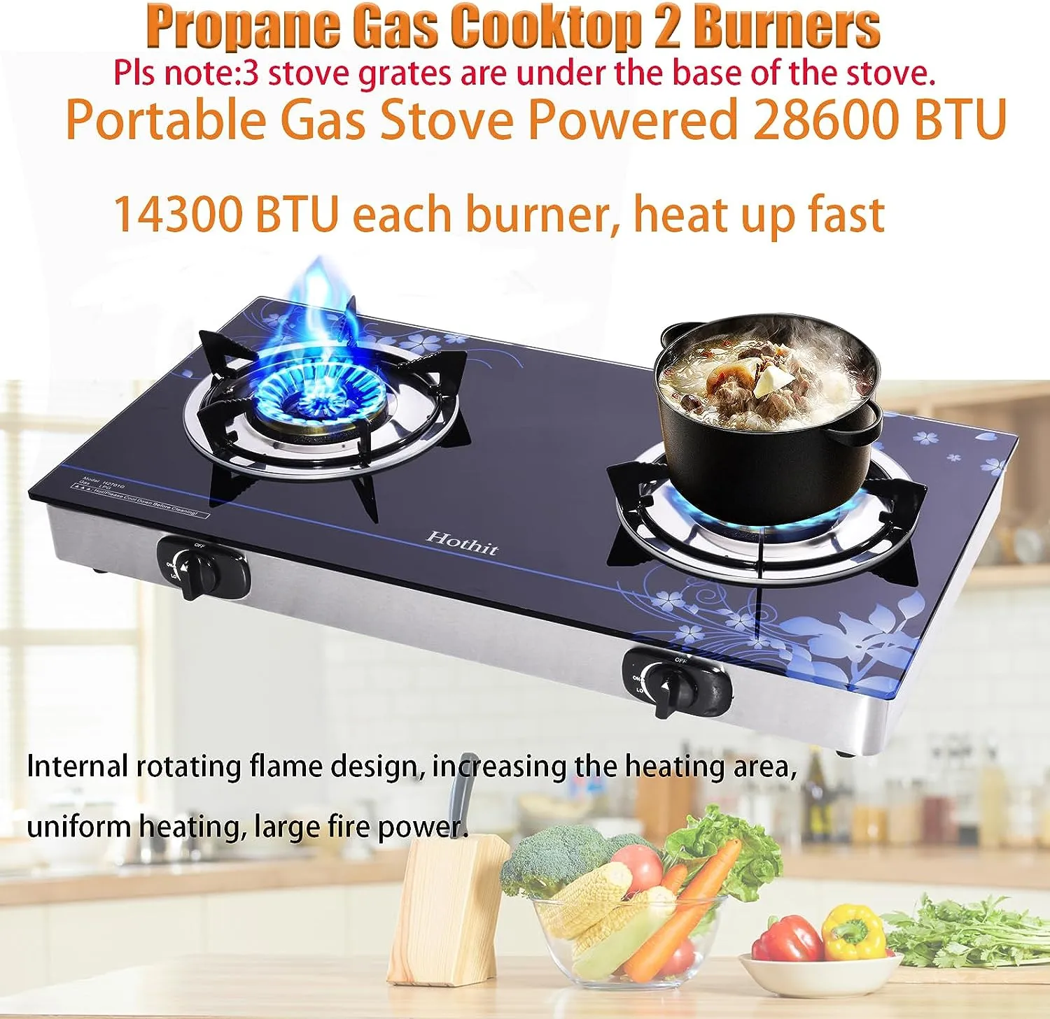 28.5 in. 2 Burners Portable Gas Cooktop in Stainless Steel with Tempered Glass Panel