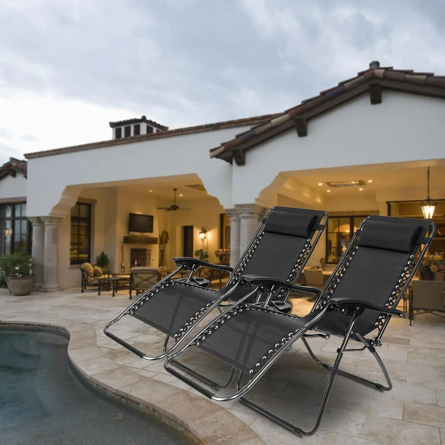 2pcs Outdoor Portable Folding Camping Lawn Deck Patio Lounge Chair, Lounge Chairs Adjustable Recliner Outdoor Camp Chairs,Wide Seat Anti Gravity Lounger - Black