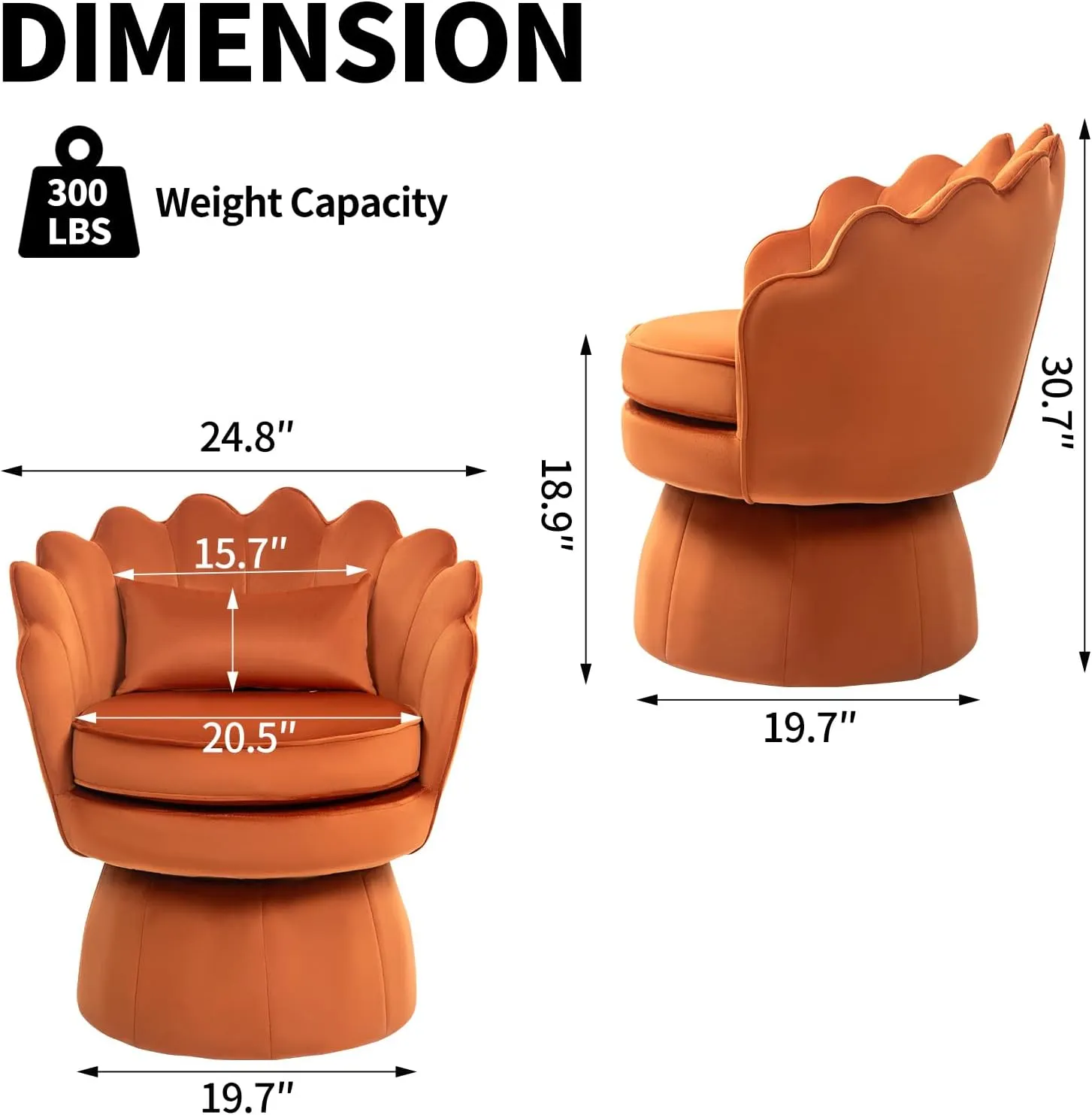 360° Swivel Accent Chairs Set of 2, Mid-Century Modern Velvet Barrel Chair, Comfy Shell Shape Arm Chair with Lumbar Pillow for Living Room, Bedroom, Office, Orange