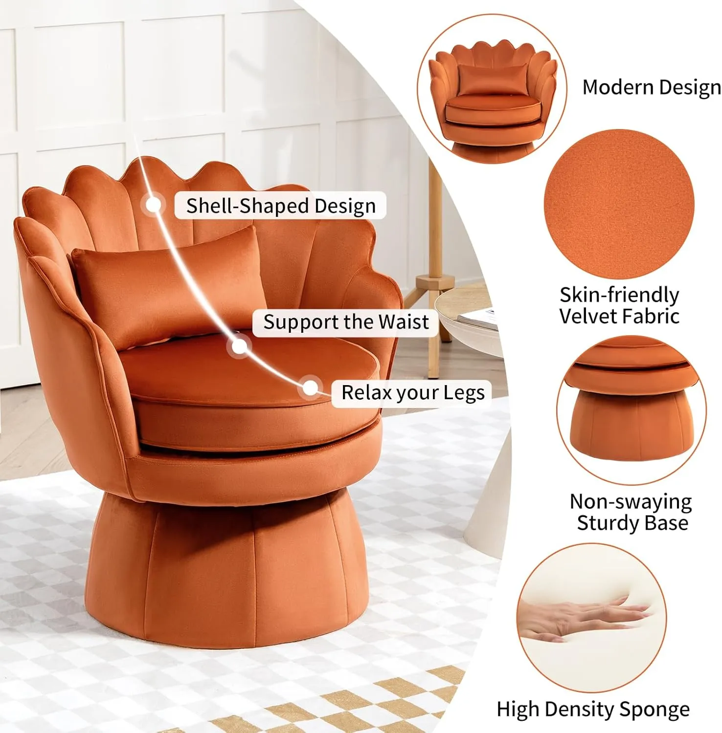 360° Swivel Accent Chairs Set of 2, Mid-Century Modern Velvet Barrel Chair, Comfy Shell Shape Arm Chair with Lumbar Pillow for Living Room, Bedroom, Office, Orange