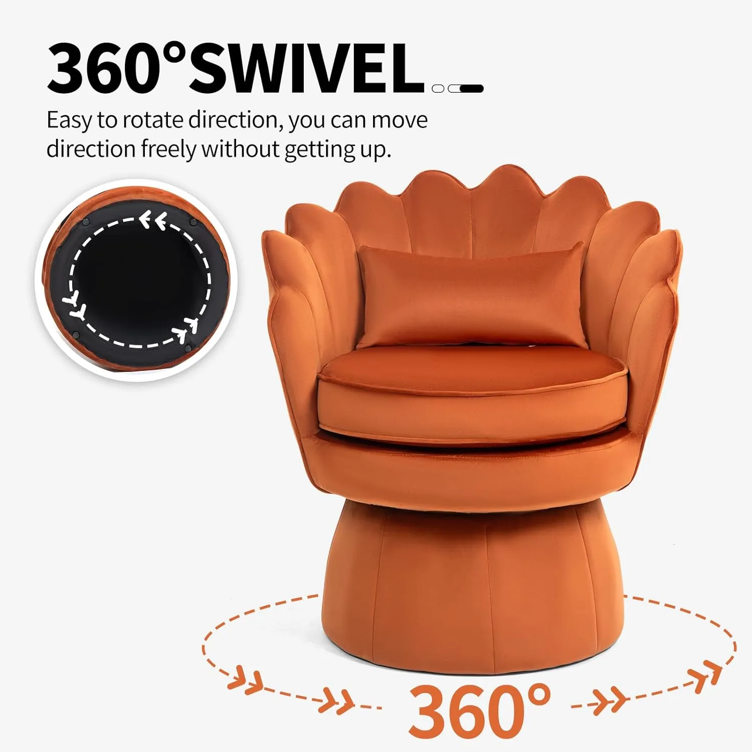 360° Swivel Accent Chairs Set of 2, Mid-Century Modern Velvet Barrel Chair, Comfy Shell Shape Arm Chair with Lumbar Pillow for Living Room, Bedroom, Office, Orange