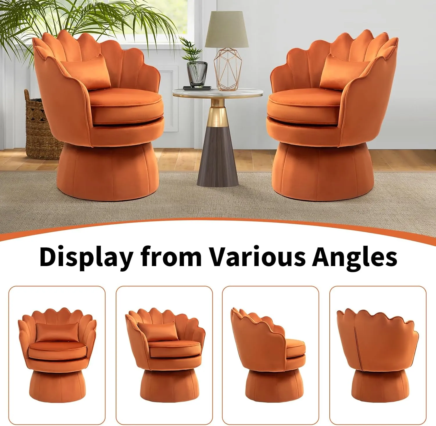 360° Swivel Accent Chairs Set of 2, Mid-Century Modern Velvet Barrel Chair, Comfy Shell Shape Arm Chair with Lumbar Pillow for Living Room, Bedroom, Office, Orange