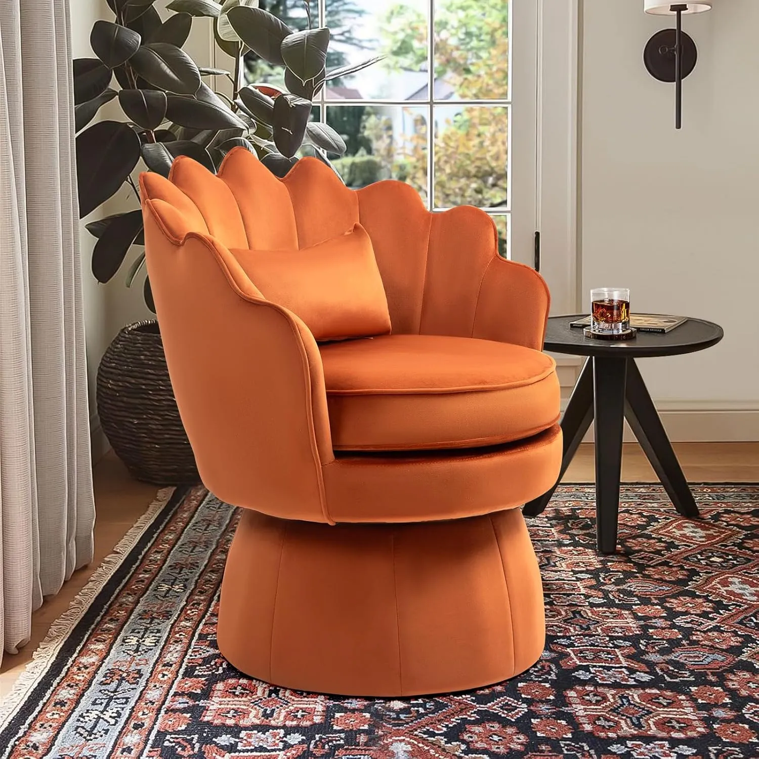 360° Swivel Accent Chairs Set of 2, Mid-Century Modern Velvet Barrel Chair, Comfy Shell Shape Arm Chair with Lumbar Pillow for Living Room, Bedroom, Office, Orange