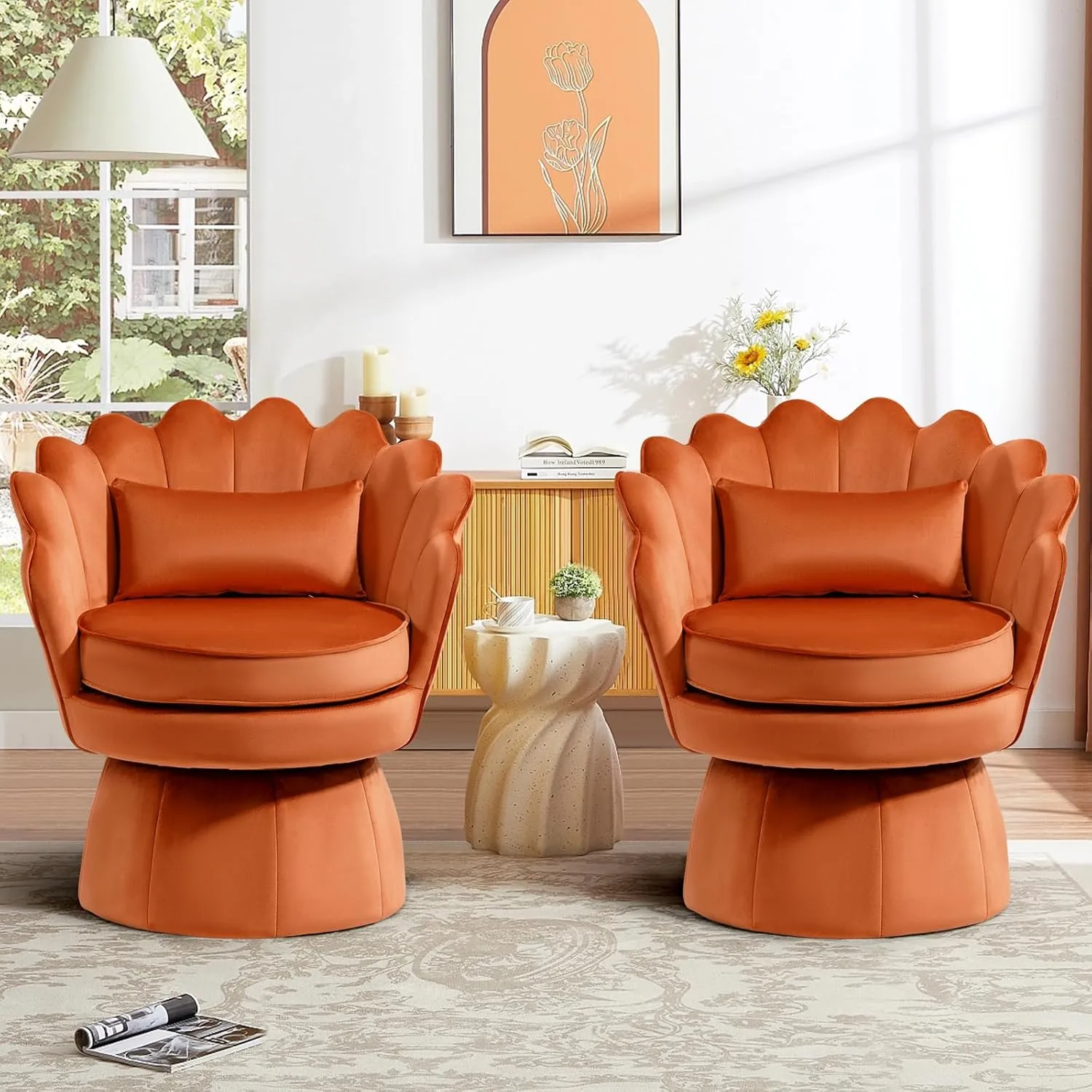 360° Swivel Accent Chairs Set of 2, Mid-Century Modern Velvet Barrel Chair, Comfy Shell Shape Arm Chair with Lumbar Pillow for Living Room, Bedroom, Office, Orange