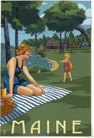 36x54 Inch Giclee Print, Maine, Lake and Picnic Scene
