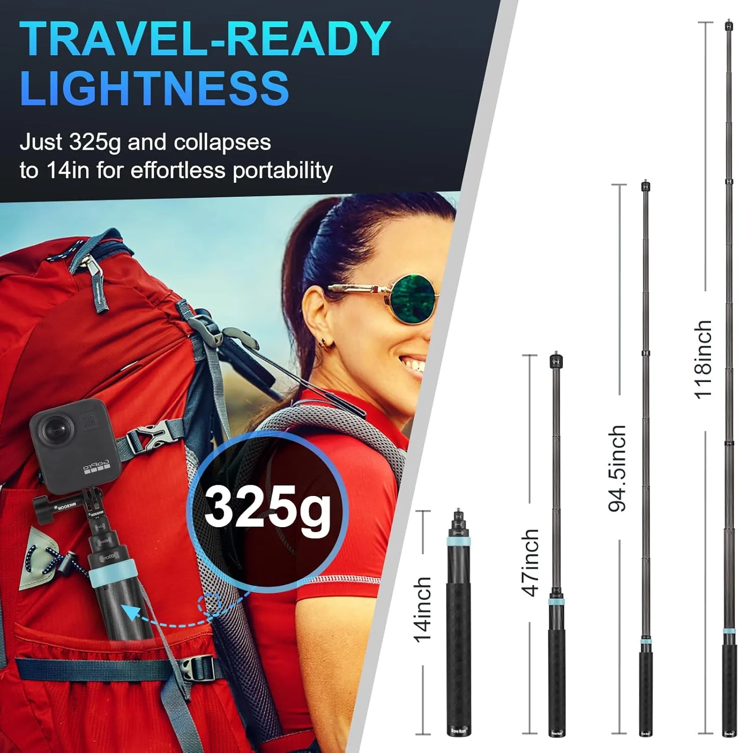 3m Extended Carbon Fiber Invisible Selfie Stick for Insta360 Insta 360 X5 X4/X3/ACE/ACE PRO/ACE PRO 2, ONE RS/X2/R/X, DJI OSMO Action 5/4/3/2 and GoPro Hero 13/12/11/10/9/MAX (14 to 118") (Black)